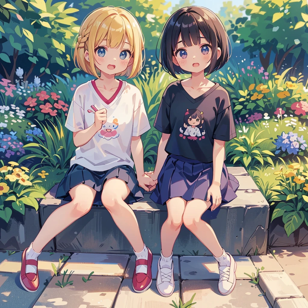 Highest quality、High resolution、Detailed Background、(Beautiful face in every detail:1.4)、Anatomically correct、(Detailed facial expressions)、(fine grain:1.2)、Cute hair colors、Braided bob cut、Elementary school, (Deep V-neck T-shirt、Cute Skirt、Cute Shoes)、Perfect body line、Laugh with a big mouth、I can't see the teeth、Have bones, Pointing stick is a long bone、Point to the surface of the wall with the bone、Photographed from the front、Deformation、Chibi Character、