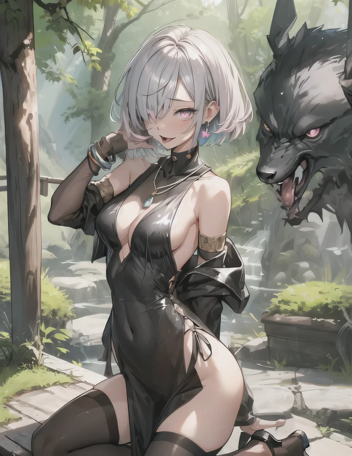 (Highest quality、High resolution、8K、masterpiece:1.2)。Look away、Cross-eyed、Open your mouth、Pink Eyes、Silver Hair、Heart shaped pupil、teeth、tongue、tongueを出す、（Original Character, (1 Girl)、Perfect Face、((short hair:1.2))、(Hair above one eye:1.3)、[[Disheveled Hair]]、Colorful Hair、Detailed eyes that shine、Light and shadow、Glowing Skin、 (Curvy but slim), ((High angle shot))、Disheveled clothes、Follow the Silver Wolf、