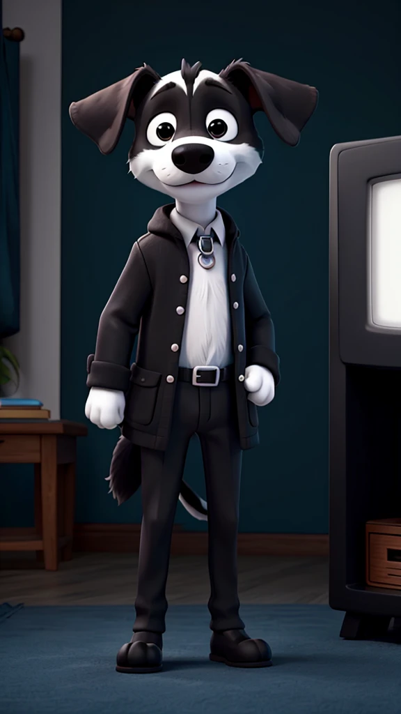 dog　Black and White　Holding a TV in his right hand　body white　　Belly, nose and eyes are black