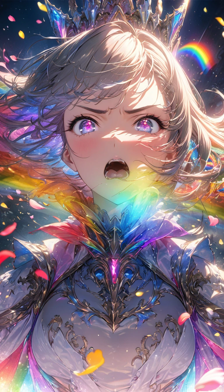 Highest quality, Super quality, 16K, Incredibly absurd, Very detailed, delicate and dynamic, Natural light, Fine particles reflect rainbow colors, Diffuse reflection of light, Vortex of Light, Many rainbow-colored petals fall, Beautiful Western Castle, Shining Sun, 湖面にDiffuse reflection of light, Create amazing image effects, Upper body close-up, (, cute sexy girl, bouncing busts, Sensual expression, passionate, Serious, Vibrant,  knight)