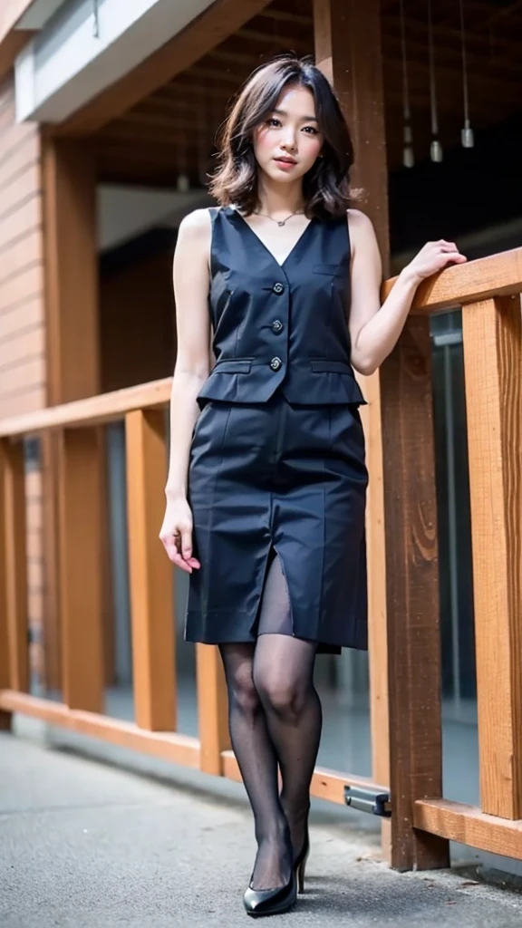 ulzzang-6500-v1.1, (RAW photo:1.2), (Photoreal), (genuine:1.4), 1girl、perfect anatomy、48 years old、look at the camera、medium hair、black pencil skirt、((Are standing:1.3))、(super realistic pantyhose:1.2), (high heels)、