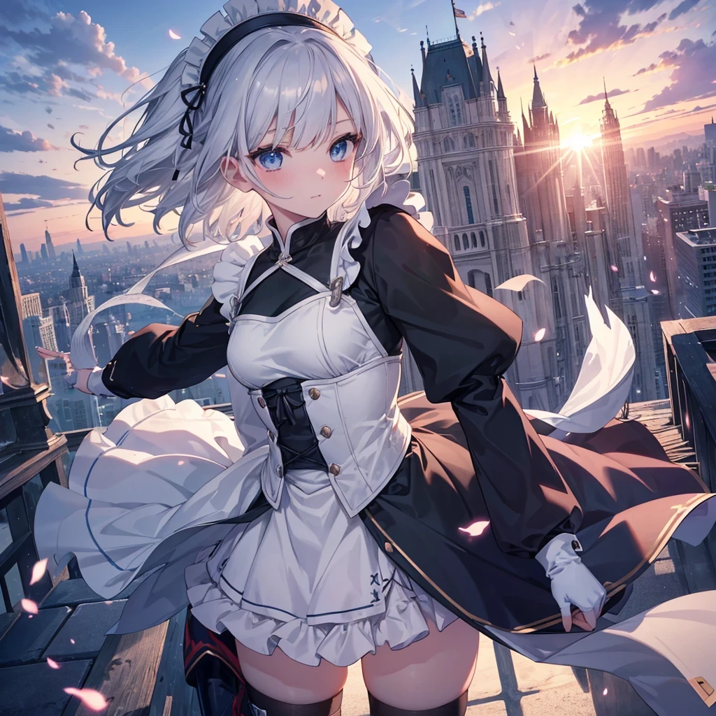 Illustration of one person, Dengeki Bunko, Woman Looking Back, Perfect Human Medicine, Woman keeps falling, {{{{{Maid clothes}}}}},Small Tits,anime, Two legs, Cool,{{{{{50 year old woman}}}}} ,{{{{{a person is depicted}}}}},(Official Art、{{{{{Upper Bodyアングル}}}}},Highest quality、Unity 8k wallpaper、32k、masterpiece、Ultra-detailed、Ultra-high resolution, Realistic、Grab your hair with your hands, Photorealistic:1.2)、(Cinema Lighting:1.2)、,Fire Glow Effect、The most grainy shadows on the film、Rim Light、Side light、Side Shot、(Ultra-detailedで複雑な3Dレンダリング)、Very short hair, Short wolf hair,細部までBeautiful Faceと目、Sharp pupils、Realistic生徒、Slender、Highly detailed background、Beautiful Face、Beautiful 16 year old girl、(Ultra-detailedなスキン、Detailed skin texture:1.Silver Hair:1.3)、Blunt bangs、blue eyes、{{{{{黒いMaid clothes}}}}}、White apron costume、Black knee socks、(Thighs Thighs Thighs Thighs:0.8)、Black Bhutanese sticks and a beautiful sunset、Medieval castle、Dancing on the Tower Roof、(avert your eyes、Overlooking the city:1.3)、Fantastic、Close your mouth and bite, Makes your face smaller, (Tabletop), Highest quality, Perfect Face, 1 Girl, alone, Eye color is light blue, Hair between the eyes, Very Short Hair, blue eyes, Silver Hair, Knee-high boots, corset,Black gloves, Long sleeve, Upper Body,