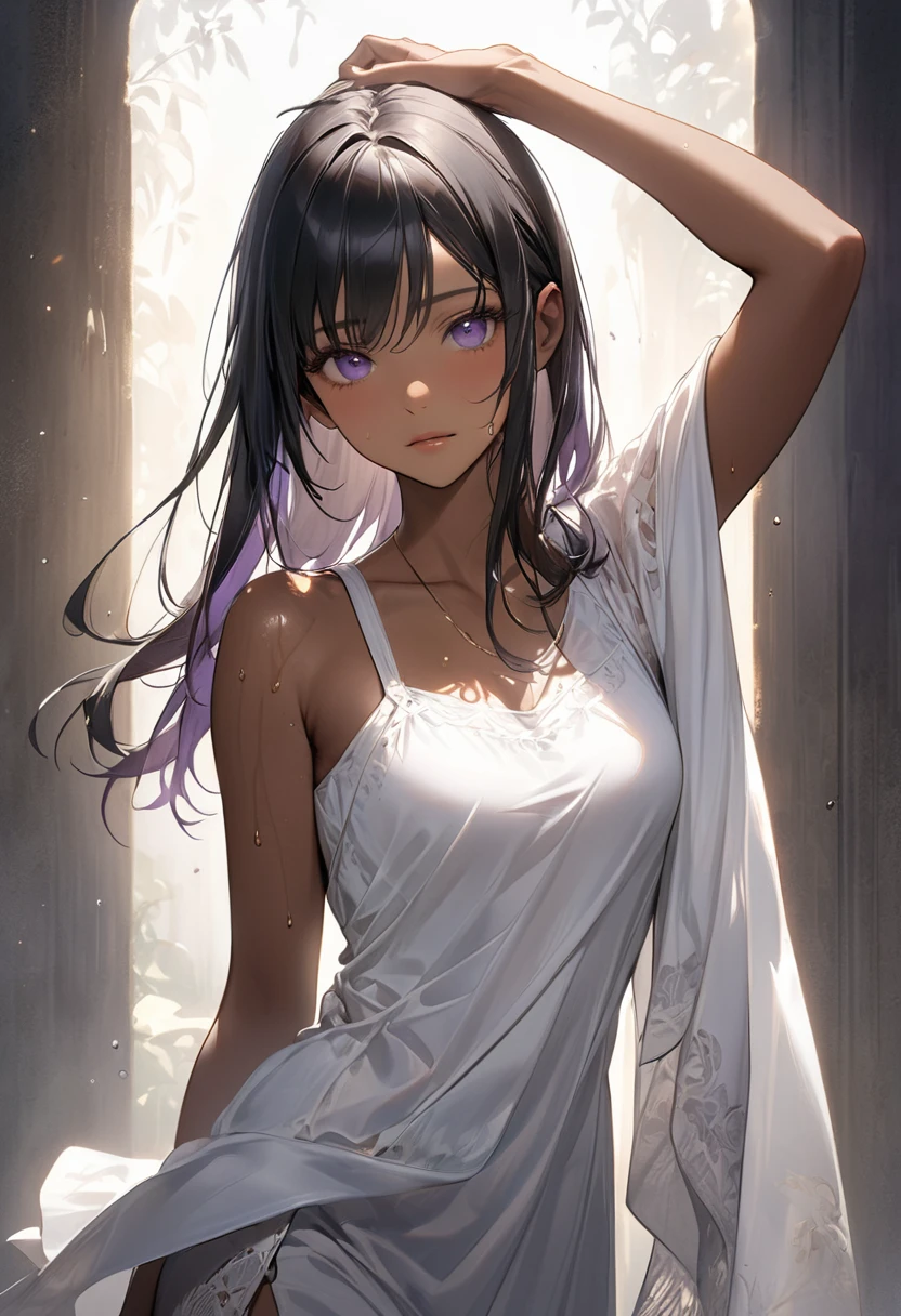 Straight black hair, (((Dark Skin))), ((Latin)), Purple Iris, Delicate eyes, Delicate face, White cloth that shows the lines of the body,Light,Realistic concept art with strong backLighting、(((Sweating with aphrodisiac、Put one arm behind your back'return、The aphrodisiac circulates throughout the body、I'm holding back my joy、On the brink of climax)))、White mesh top、Torn mesh、Mesh bottom、Subtly erotic、See-through with sweat、capture(((captured ninja、Bound Ninja、Full body bondage、ロープによるConstraints、Constraints、Kneel、Hands tied behind back、Gagged with cloth、Iron Collar)))
