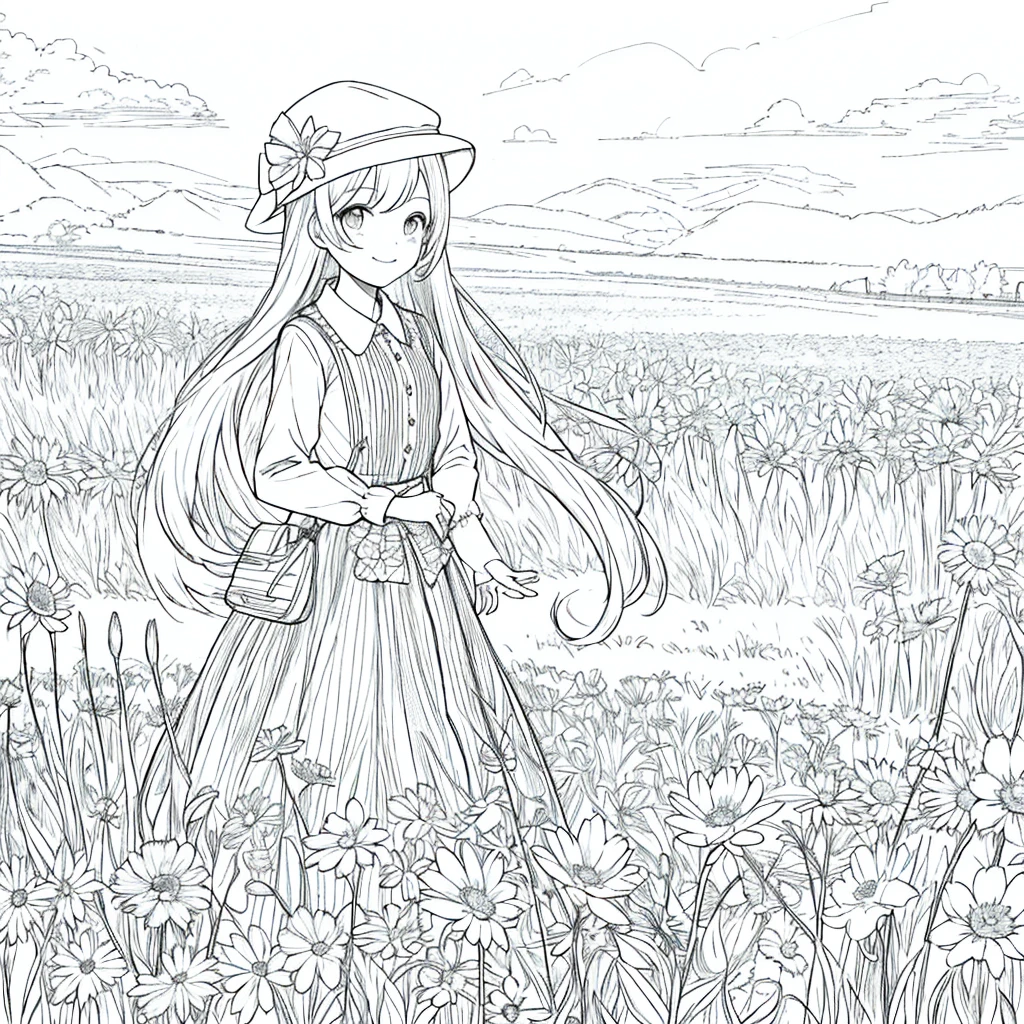 Raw work, Better Quality, 1 Barbie, alone, Long Hair, View the viewer, With a smile, stripe, skirt, shirt, Long sleeve, hat, wear, bow, Participation, Shut your mouth, flower, Frills, flower do cabelo, flowerびら, flower束, 固定flower, Central steering wheel, Food, flower固定ブーケ, Field, flower, Field, Line art, Monochrome,