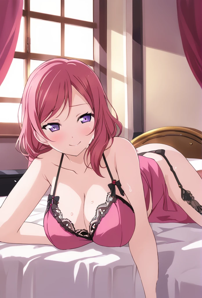 Maki Nishikino　Red hair　Purple eyes　Medium Long Bob　Red Nightgown　Black garter belt　smile　Huge breasts　night　Love Hotel　Moonlight leaking through the window　Seduce　Lying in bed　Lie down on the bed　Sweaty