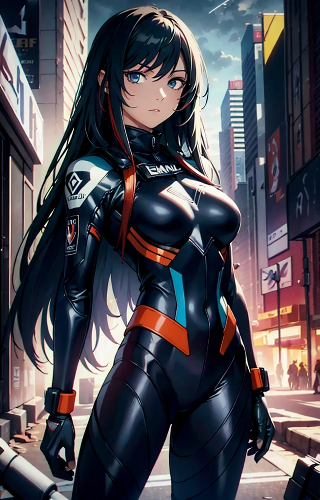 best qualityer，tmasterpiece，Ultimate resolution，downy，Extremely colorful，Colorful，Women combatants，a matural female，Black long hair，holding gun，Tight combat suit，tightsuit，Steel City background，nigh sky，Normal posture，Normal posture