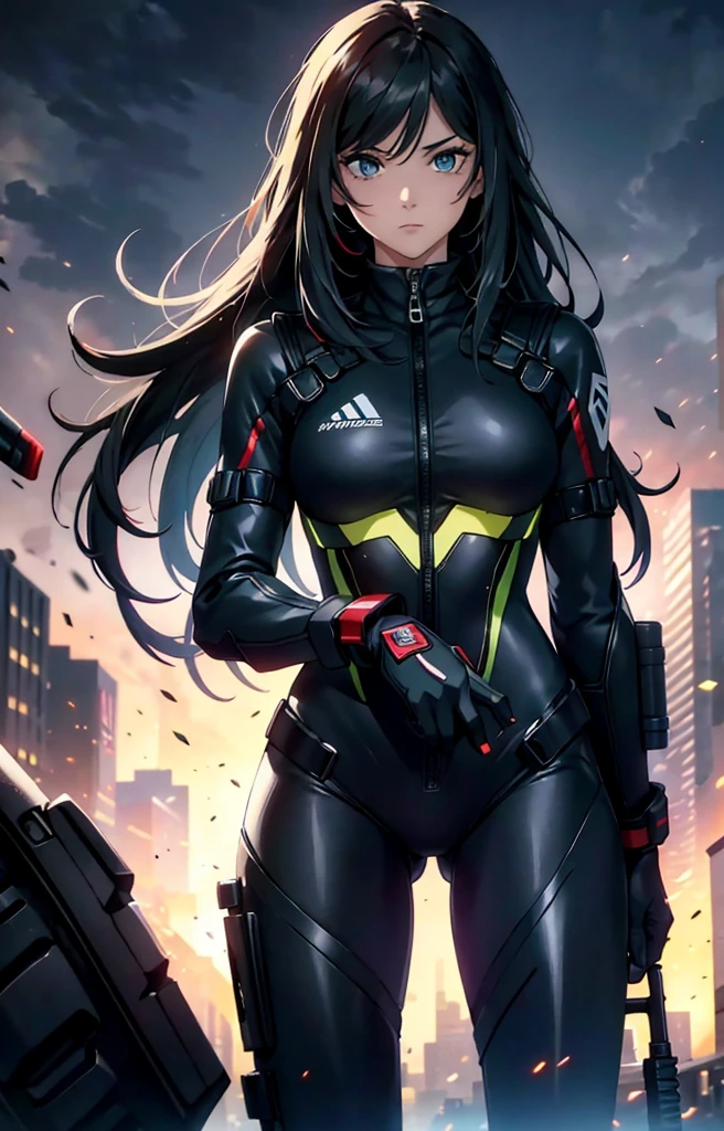 best qualityer，tmasterpiece，Ultimate resolution，downy，Extremely colorful，Colorful，Women combatants，a matural female，Black long hair，holding gun，Tight combat suit，tightsuit，Steel City background，nigh sky，Normal posture，Normal posture