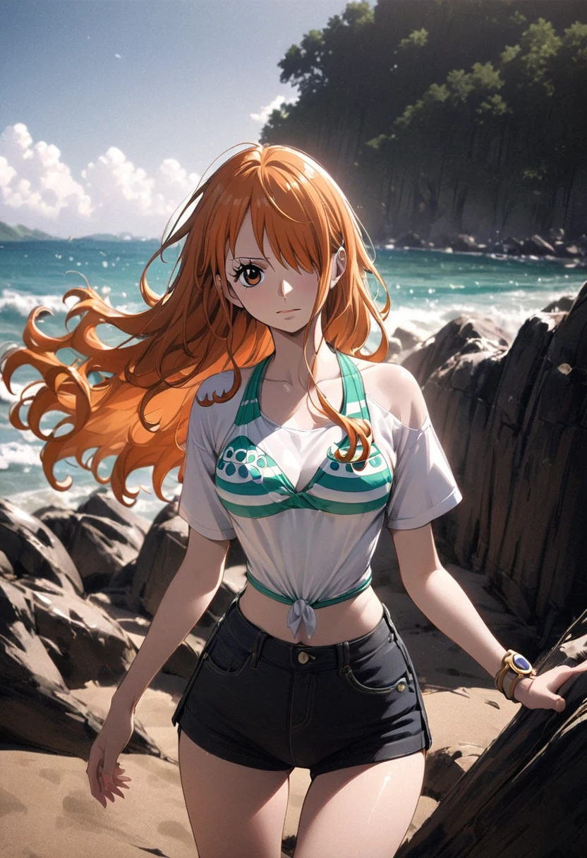 masterpiece, best quality), intricate details, 1 girl, woman, orange hair, nami \ (one piece\), (long hair), shirt, white shirt, female focus, clothes, wearing swimsuit, nature, scenery, upper body, ((front view)) ((close up shot)) ((solo)) ((hair over one eyes)) detailed, very high resolution, no blurry image, full body, orange eyes, sligh wavy hair, ((nami from one piece)) ((female nami from one piece))