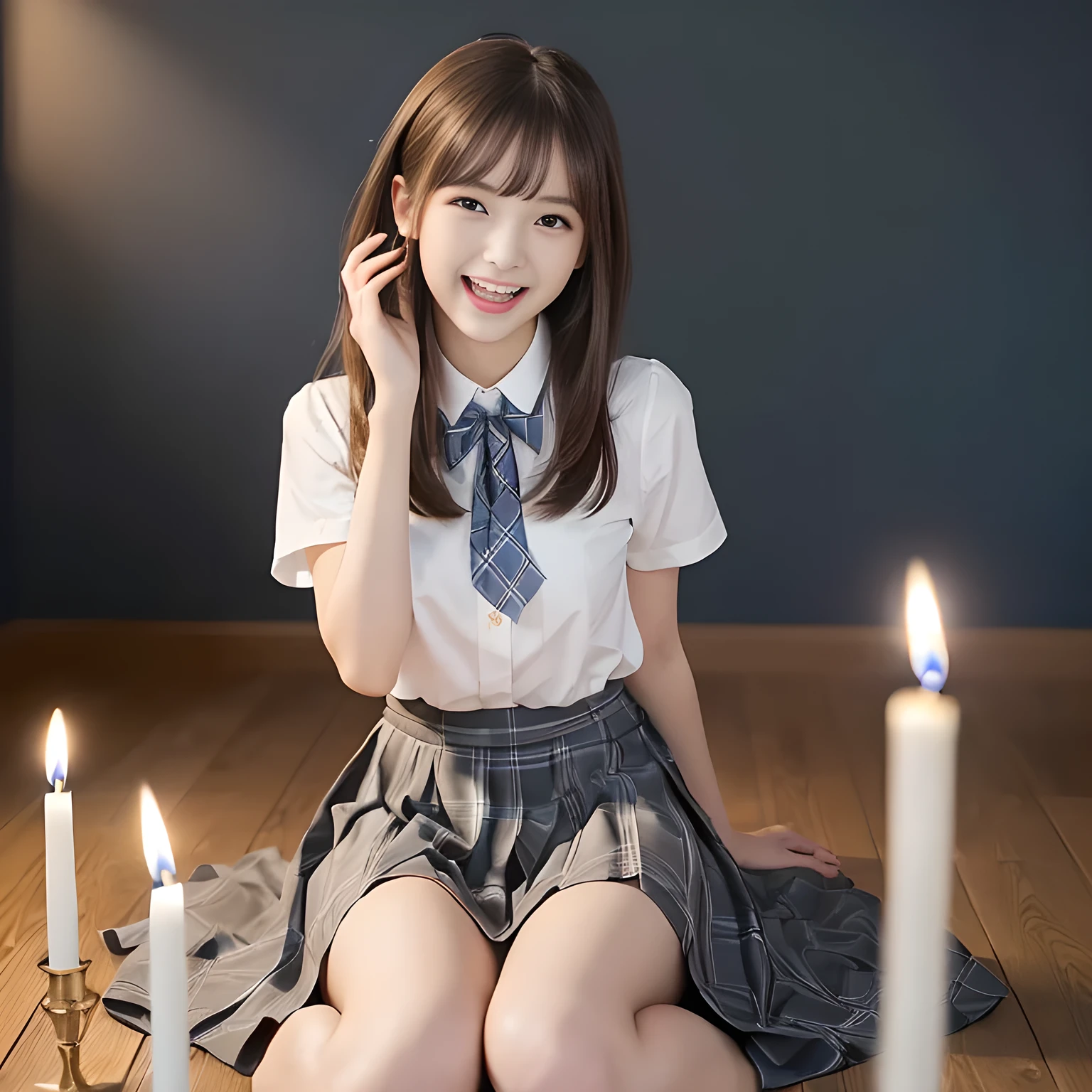 (highest quality, masterpiece:1.2), highest quality, High resolution, 1080P, 8K, Height: 158cm, ((A noble and intelligent girl like Japanese cute girly lady is hypnotizing and giggling, A very sweet, very noble, pretty and neat Japanese beautiful cute girl. Realistic very girly sweet cute noble girl like a princess is seated in many evil candles)), ((Completely black room with candles)), ((((, popular Japanese cute fashion model)))), ((((Extremely pure white face and hands and legs)))), Glossy lips, (Evenly cut bangs), ((Very beautifully laughing brown drooping gooey cute neat noble eyes)), ((straight black very very long straight hair)), Very lustrous, glossy lips, Open hand over open mouth, Beautiful straight hair like a hair model, Watching the viewer and laughing, ((Incredibly well organized, The expression is rich. plump and beautiful white skin and face)), ((Pure and clear sweetly smiling eyes)), ((smiling at me)), Glossy Lips, ((noble and neat)), ((Like a succubus is fascinating with magic and giggling)), ((((A succubus is fascinating and calling to the deeper place forever)))), Extremely beautiful blue skirt, ((highly up-curved lips)), ((looking at the viewer directly)), white hands, ((Navy and sky blue school uniform tartan checkered pleated long skirt, Blue string ribbon tie)), ((((An ecstatic face expression of boundless joy)))), ((black background))