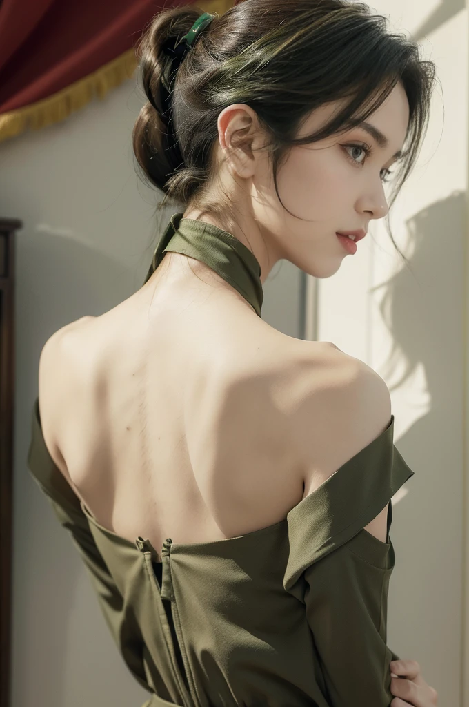(((best quality))),(((ultra detailed))),(((masterpiece))),illustration,((1 beautiful young girl,female soldier,solo)),(short black ponytail:1.2),((slim,thin)),((shoulder off,strapless,bare back,towering hips,butt crack)),determined,professional,demeanor,(light green collared short-sleeved shirt:1.3),(dark green pleated skirt:1.2),(slender legs:1.2),military,affiliation,background,military conference room,walls,maps,battlefields,strategic points,markings,(large red flag),nation's unity,strength,seriousness,planning,important discussion,rigid posture,focused expression,confidence,respectability,bright intense eyes,analyzing situation,contribute thoughts,ideas,charm,powerful,intense atmosphere,freezes moment in time,essence,striking appearance,(night scene:1.2),((from back,upper body))