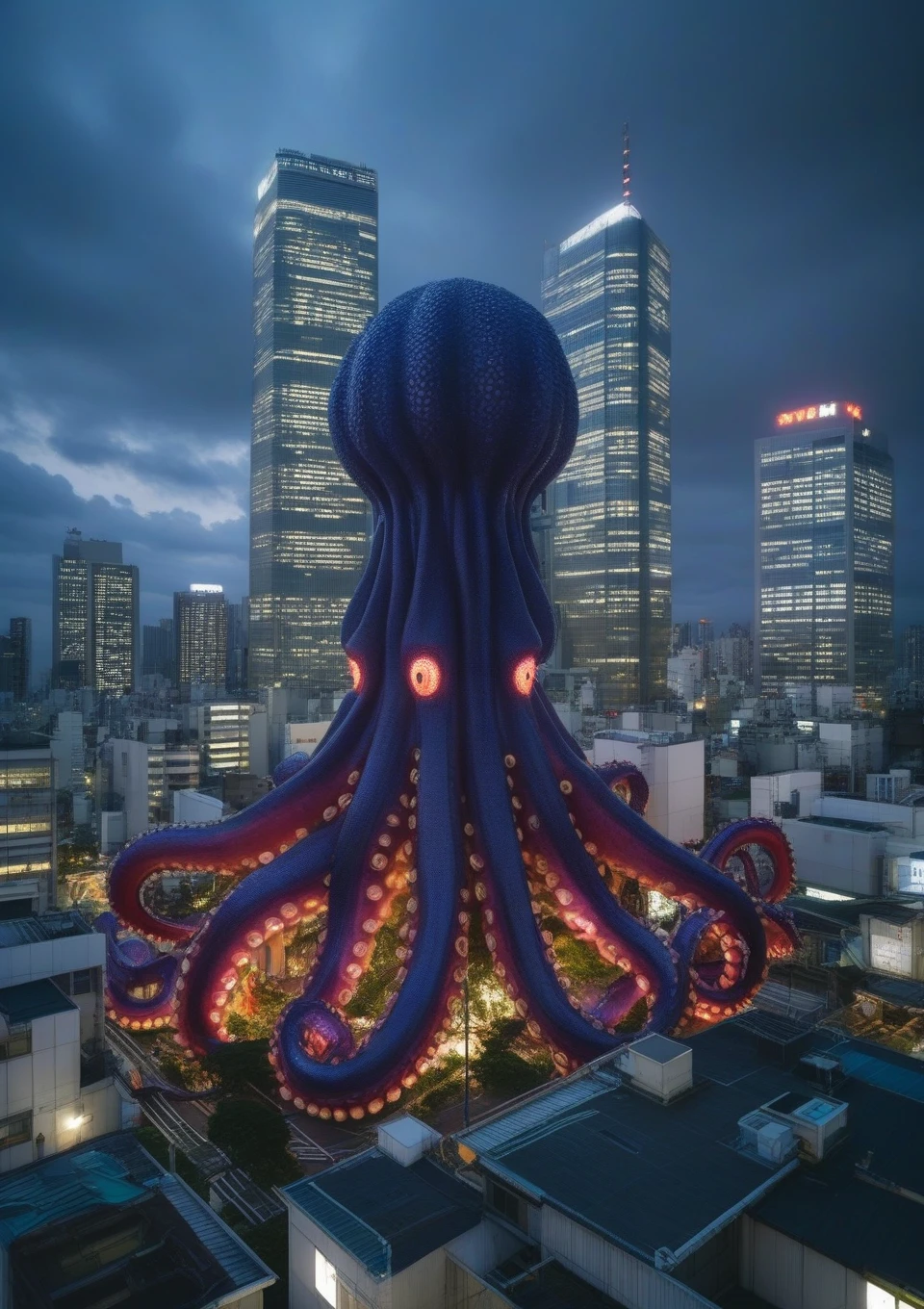 "prompt": "A massive, tentacled sea creature wrapping its giant tentacles around the skyscrapers of Tokyo. The tentacles coil and undulate between the tall buildings, creating an unsettling and otherworldly scene. The creature's eyes are piercing and its mouth is open, revealing sharp teeth. The sky is dark and foreboding, adding to the sense of dread and terror.",
  "n": 1,
