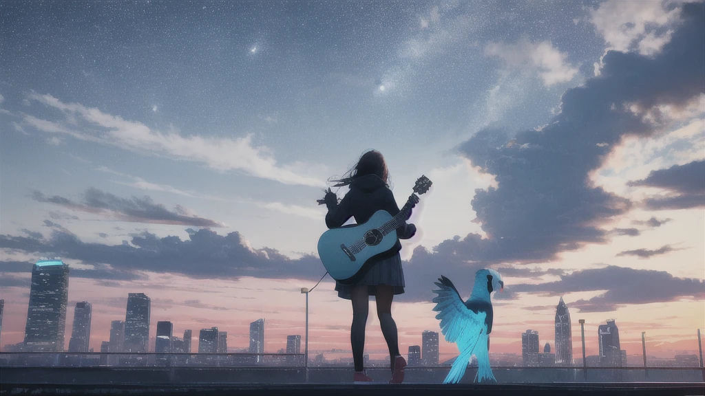 evening,Octane, star (null), scenery, Blue parakeet,The acoustic guitar is in front of the body.,star,One Girl, Back view, alone, Outdoor, city,building,Blue parakeet,building, cloud, milky way,silhouette