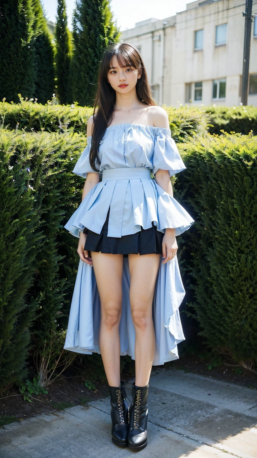 (8K、RAW Photos、Highest quality、masterpiece:1.2)、(Highest quality、Realistic)、1 Girl、((Frills、See-through、Off the shoulder、tights、Light blue and black mini skirt、Thin legs、whole body、boots、garden、View from the front、Looking into the camera、Idol Costume、、Stand with hands on hips))、cute