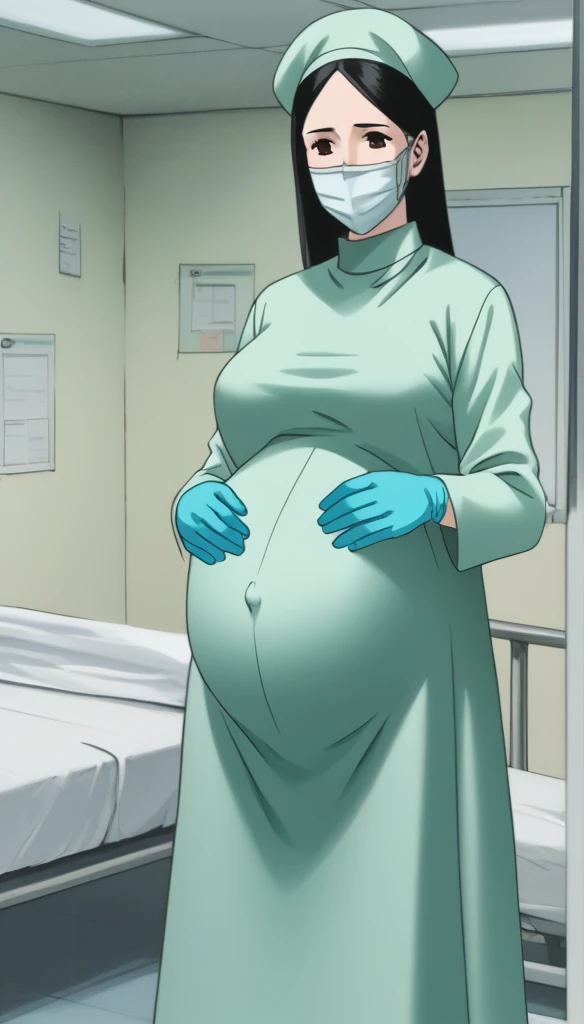 score_9,  score_8_up, score_7_up, source_anime, raw image, masterpiece, highest quality, natural light, patient room background, kasuganoray, good shape, pale skin, shy eyes, big breasts, scrubs, surgical mask, bouffant cap, long sleeve coat pregnancy doctor, long sleeve maternity dress, long sleeve pregnant dress,
1girl, pregnant, solo, rubber gloves, looking down, furrowed brow, hospital bed, standing, even though she's pregnant she has a good figure, 