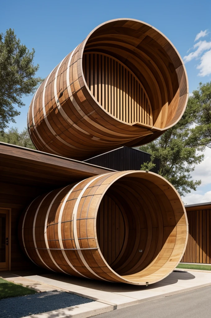 creates an architectural structure in the shape of a barrel made of wood and a modern style
