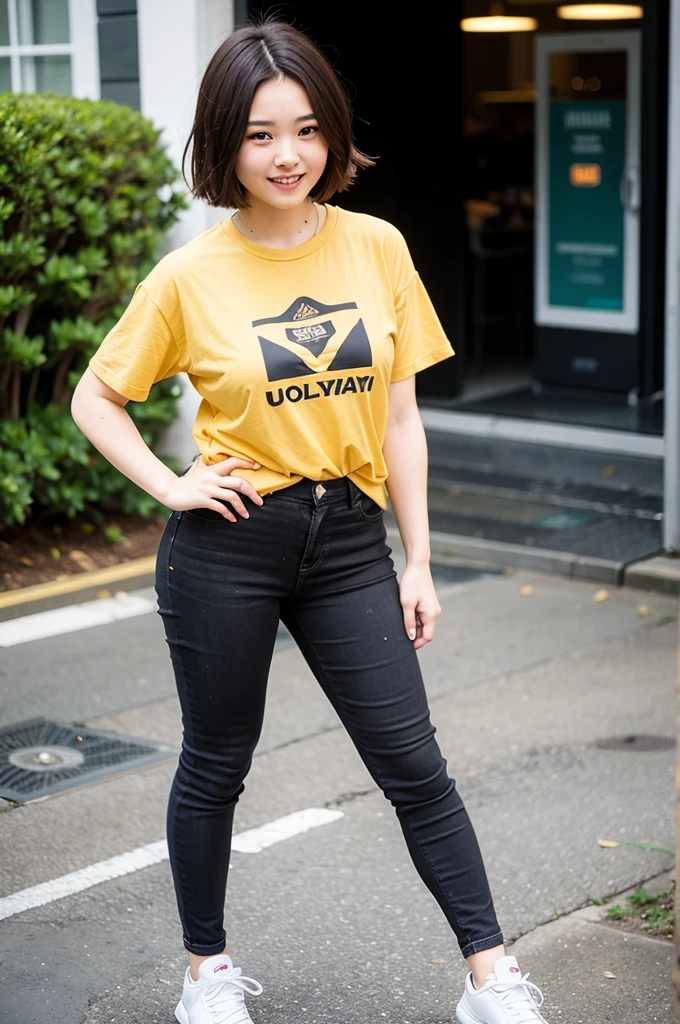 Top quality, 1 beautiful woman, super short Hair, gold hair, shy-smile, fullbody, sneaker, Black t-shirt & long pants, sports like