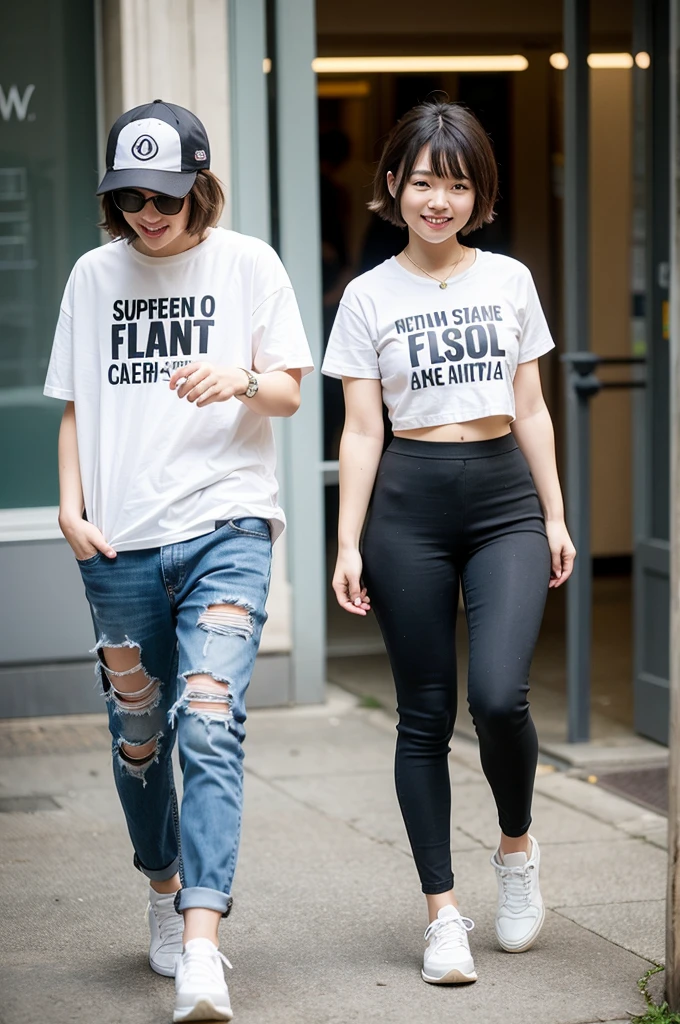 Top quality, 1 beautiful woman, super short Hair, gold hair, shy-smile, fullbody, sneaker, Black t-shirt & long pants, sports like
