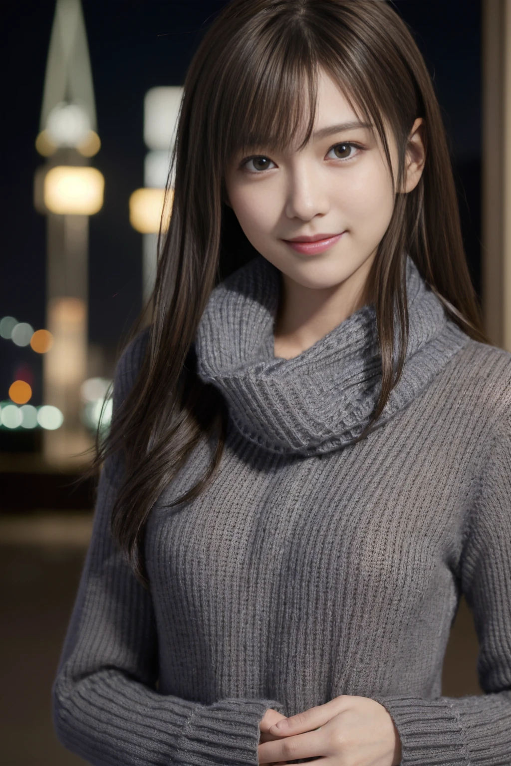 1 Japanese girl,(Dark Gray Sweater:1.4),(He has a big scarf around his neck:1.2), (RAW Photos, Highest quality), (Realistic, Photorealistic:1.4), Tabletop, Very delicate and beautiful, Very detailed, 8k wallpaper, wonderful, In detail, Very detailedCG Unity, High resolution, Soft Light, Beautiful and detailed 19 year old girl, Very detailed目と顔, Beautifully detailed nose, Beautiful attention to detail,Cinema Lighting,City lights at night,Perfect Anatomy,Slender body,smile (My hair is messy, Asymmetrical bangs, Light brown hair,)