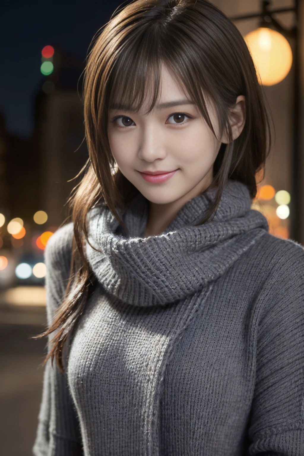 1 Japanese girl,(Dark Gray Sweater:1.4),(He has a big scarf around his neck:1.2), (RAW Photos, Highest quality), (Realistic, Photorealistic:1.4), Tabletop, Very delicate and beautiful, Very detailed, 8k wallpaper, wonderful, In detail, Very detailedCG Unity, High resolution, Soft Light, Beautiful and detailed 19 year old girl, Very detailed目と顔, Beautifully detailed nose, Beautiful attention to detail,Cinema Lighting,City lights at night,Perfect Anatomy,Slender body,smile  (My hair is messy, Asymmetrical bangs, Light brown hair,)
