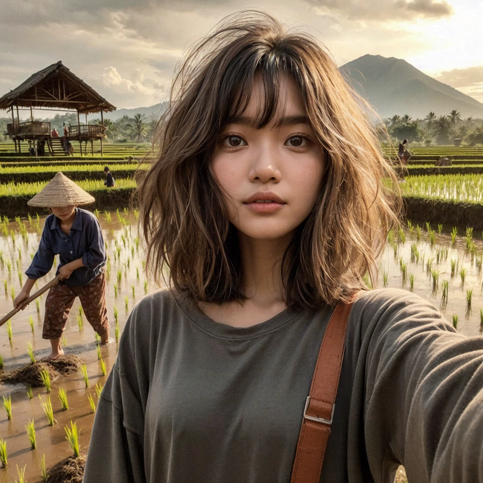 realistic selfie photo. a young Indonesian girl aged 16 years, medium messy hair style, wear a long-sleeved t-shirt, carry a shoulder bag. In the background of rural rice fields, people can be seen plowing the fields, there is a gazebo where you can rest, scarecrows and one beautiful mountain, bright sky, Indonesian morning atmosphere. UHD. masterpiece