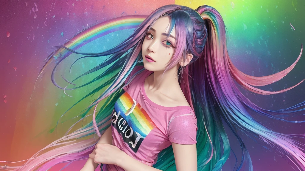 (Pink Fashion T-Shirt: 1.9), (colorfulな髪: 1.8), (All the colors of the rainbow: 1.8), (((Vertical painting: 1.6))), (painting: 1.6), front, manga, figure, painting, Big eyes, Crystal Clear, (Rainbow gradient high ponytail: 1.7), Delicate makeup, shut up, (Small freshness: 1.5), (Bandeau: 1.6), Long eyelashes, White off-shoulder T-shirt, White shoulder shirt, Looking at the audience, Big teary eyes, (Rainbow Hair: 1.6), カラーsplash, (alone:1.8), カラーsplash, An explosion of colors, カラーsplash, An explosion of colors, 厚漆Wind, Messy Lines, ((The Shining)), (colorful), (colorful), (colorful), colorful, Thick paint Style, (splash) (Color splash), Vertical painting, Upper Body, paint splash, Acrylic Pigments, Slope, paint, Best image quality, masterpiece, alone, Depth of written boundary, Face paint, colorful clothes, (grace: 1.2), nice, Long Hair, Wind, (grace: 1.3), (petal: 1.4), ((masterpiece))), ((Highest quality))), (Super detailed), (figure), (Dynamic Angle), (floating), (paint), ((Hair loss)), (alone), (One girl), ( ( ( Detailed anima face))), (( Beautifully detailed face)), collar, Exposed shoulders, Gray Hair, ((Colored Hair)), ((Striped Hair)), Beautiful attention to detail, (Gradient Eye), (Colored eyes))), (Colored Background))), (High saturation))), ((surrounded by colorful splashes))),