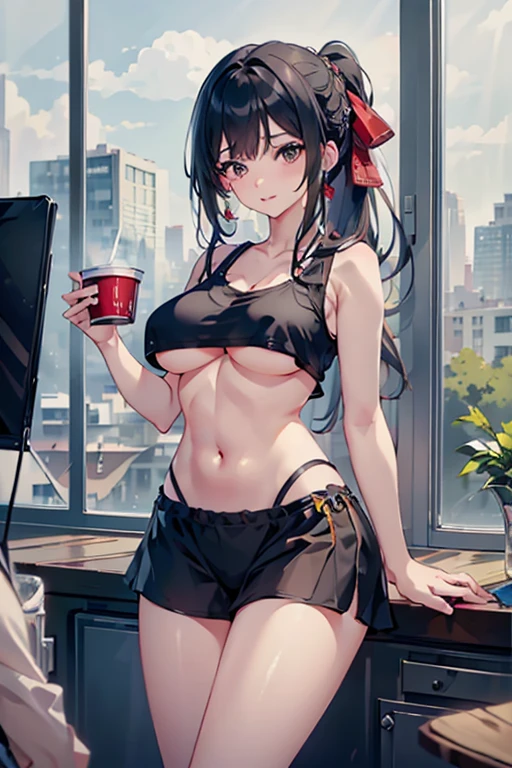 masterpiece、highest quality、Very detailed、An illustration、Beautiful fine details、One Girl、cute、Detailed landscape、Training Room Background:1.4、black Hair、Braided Ponytail、Red camisole、((A cup breasts, Tank top showing underboob:1.3))
