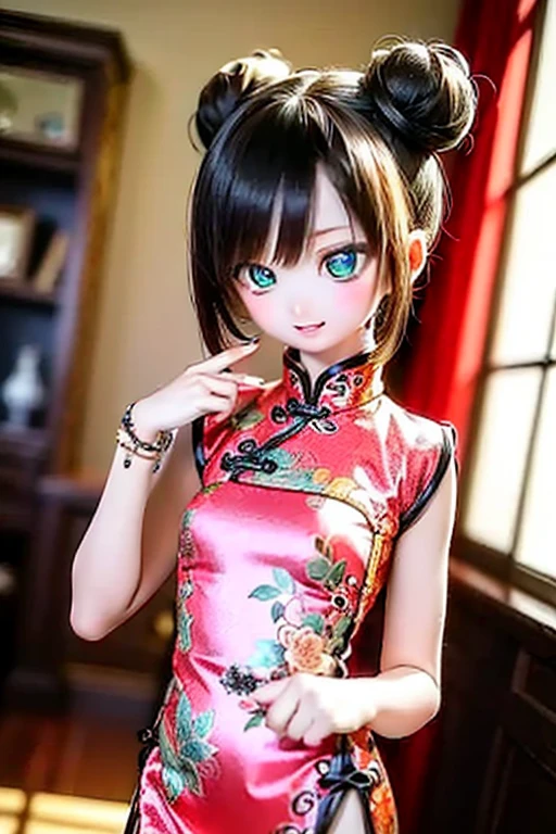 (SFW:2), photorealistic, realistic photo, 8k, ((highest quality)), ((masterpiece)), (extremely detailed), kukolnydom, doll, female, 20yo, 20 years old, solo, ((cowboy shot)), (skinny, slender, slim, light smile, parted lips), green eyes, brown hair, double buns, (plastic skin, looking at another, glass eyes, shining eyes, detailed eyes, detailed face:1.3), china dress, qipao, chinese room