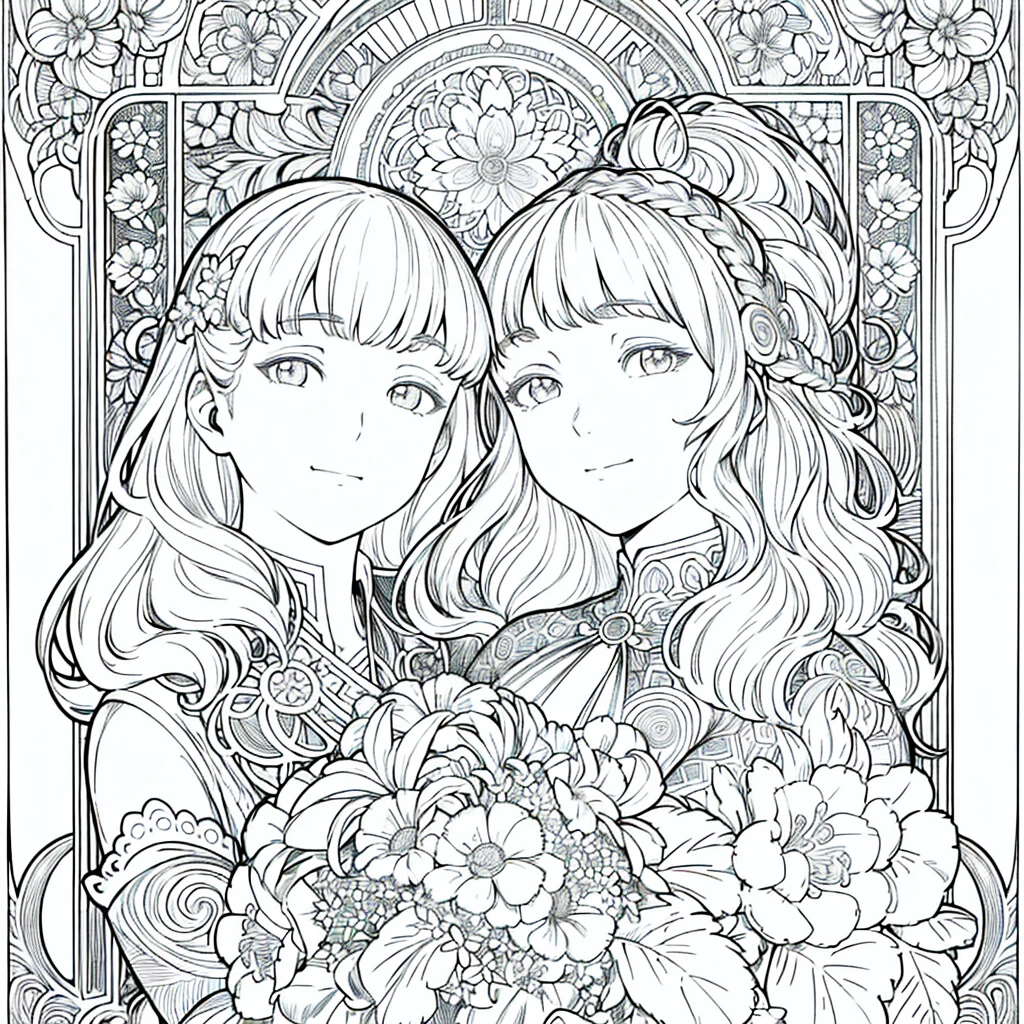 Facial portrait of a smiling Hawaiian woman with long curly hair, therefore, Floral frame, Decorative Panel, Abstract Art of Alphonse Mucha, sketchfab, Character dialogue and scenes without color or shadow.
(First Job, Highest quality, High resolution: 1.4), detailed, 複雑なdetailed, 4K, , Line art, Fibonacci,