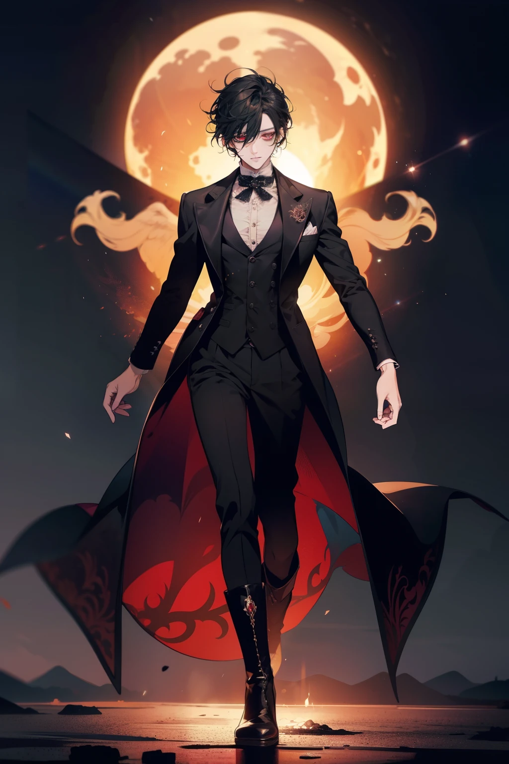 psychedelic art, anime character, short black hair, bangs, red eyes, vest, boots, full body shot, pose, elegant, bangs, ouji fashion, "Black Butler" inspired outfit., god like entity, divine, anime, Gothic art, anime, Gothic art, masterpiece, anatomically correct, accurate, high details, highres, 4K, 8K, highres, 1080P, super detail, masterpiece, anatomically correct