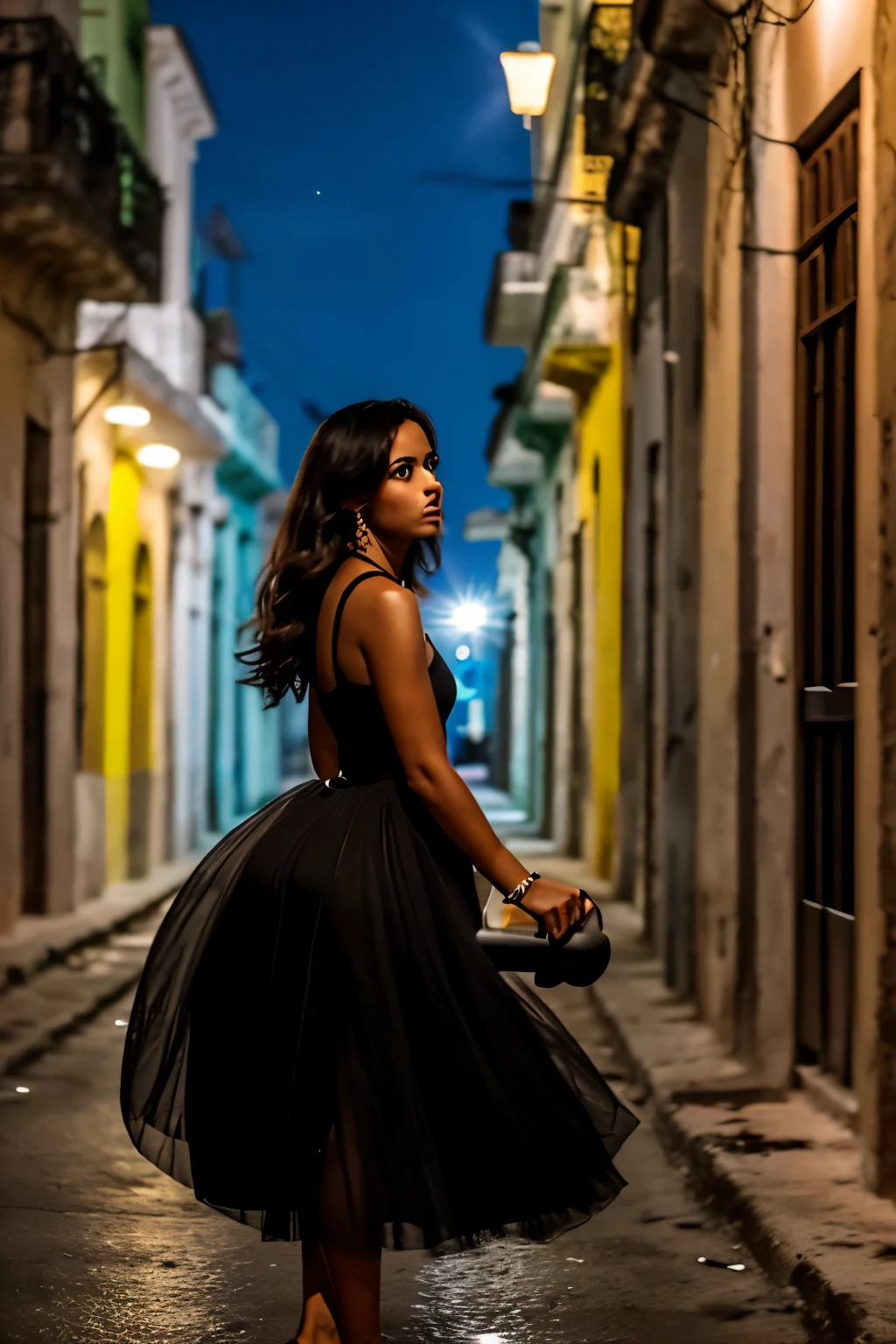 A Cuban girl, Face the same as the previous model, in a black dress, that runs through the streets of Havana at night, with a cutout, which brings the weights to bear, and he strokes his neck