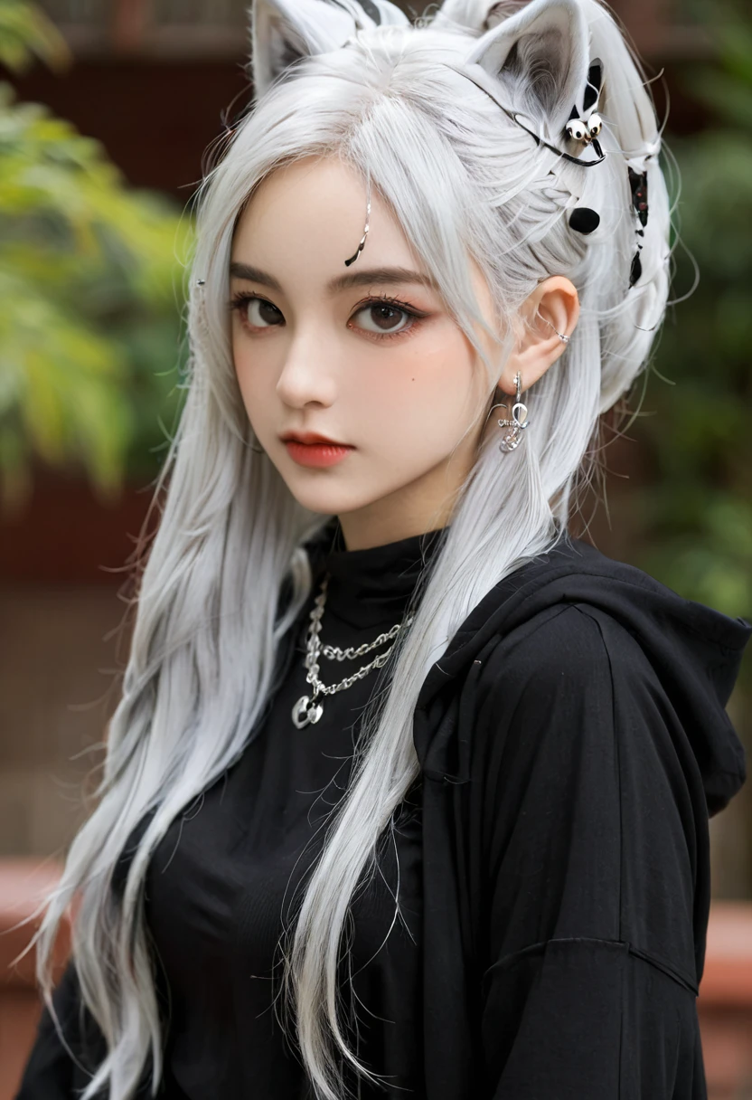 , huge, Double tail, Silver Hair, hoodie, Retro Gothic, posture, Lovely, Face Up, high quality, necklace, ring, bracelet, earrings