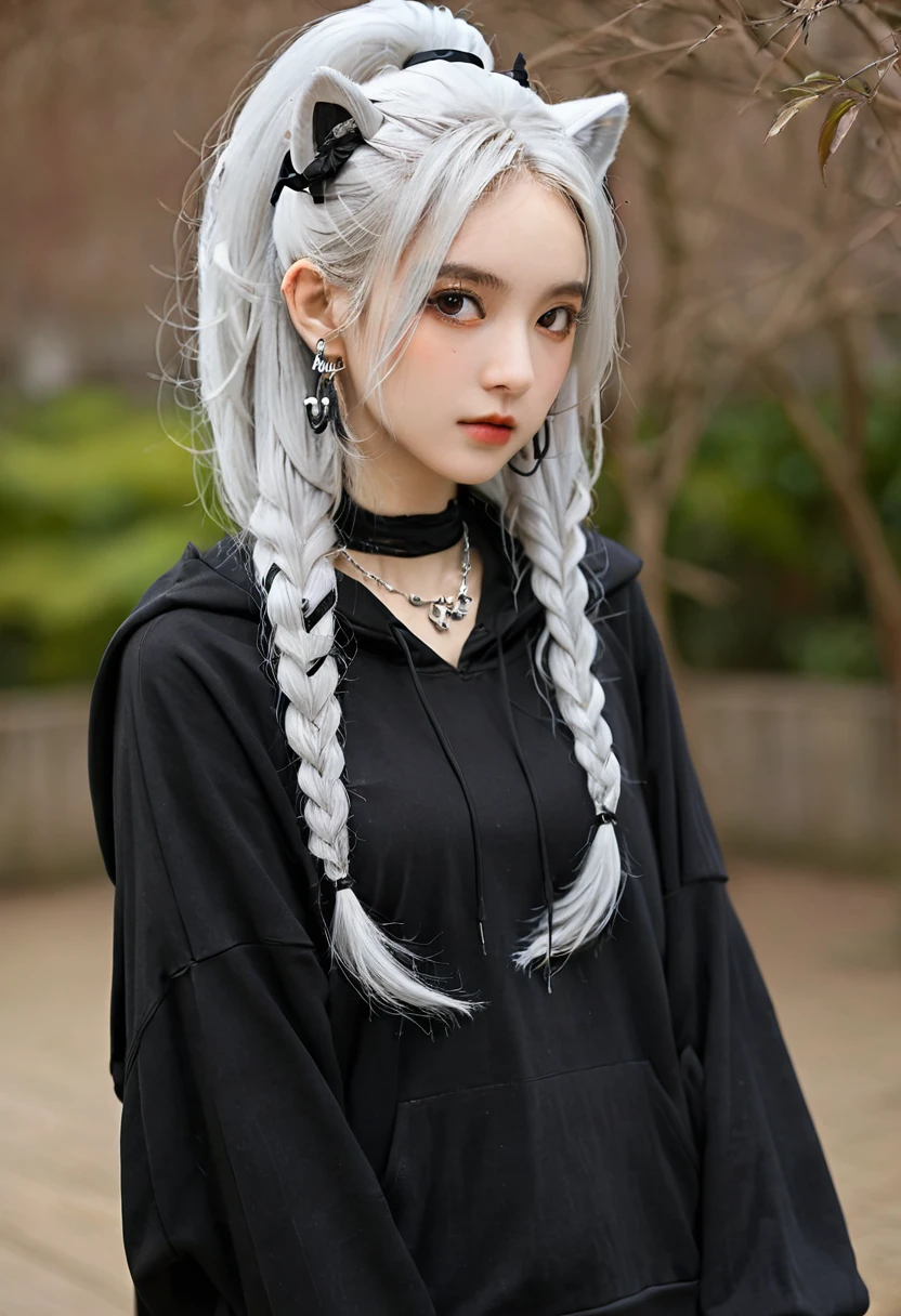 , huge, Double tail, Silver Hair, hoodie, Retro Gothic, posture, Lovely, Face Up, high quality, necklace, ring, bracelet, earrings