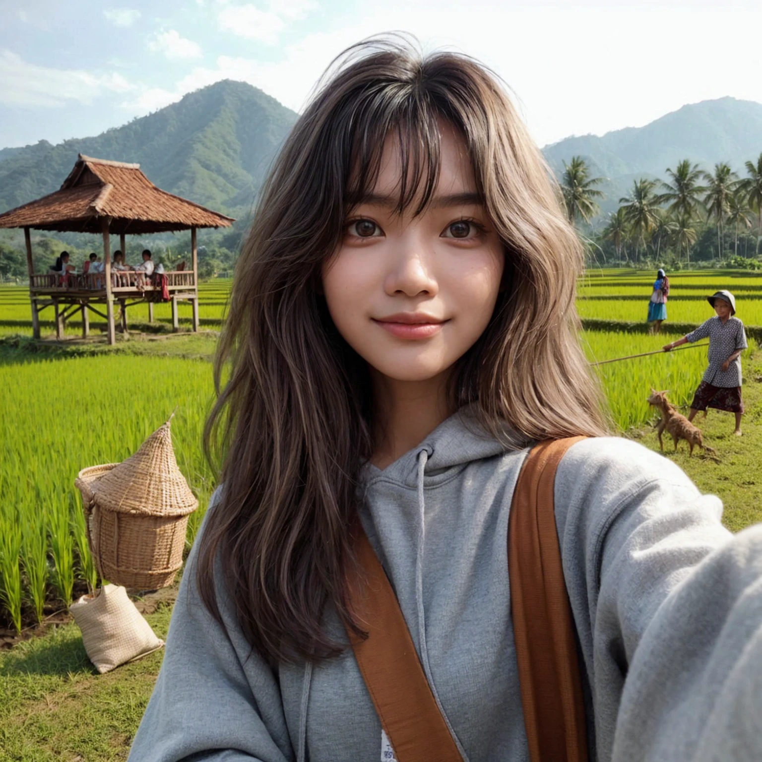 realistic selfie photo. a young Indonesian girl aged 16 years, medium messy hair style, wear a long-sleeved t-shirt, carry a shoulder bag. In the background of rural rice fields, people can be seen plowing the fields, there is a gazebo where you can rest, scarecrows and one beautiful mountain, bright sky, Indonesian morning atmosphere. UHD. masterpiece