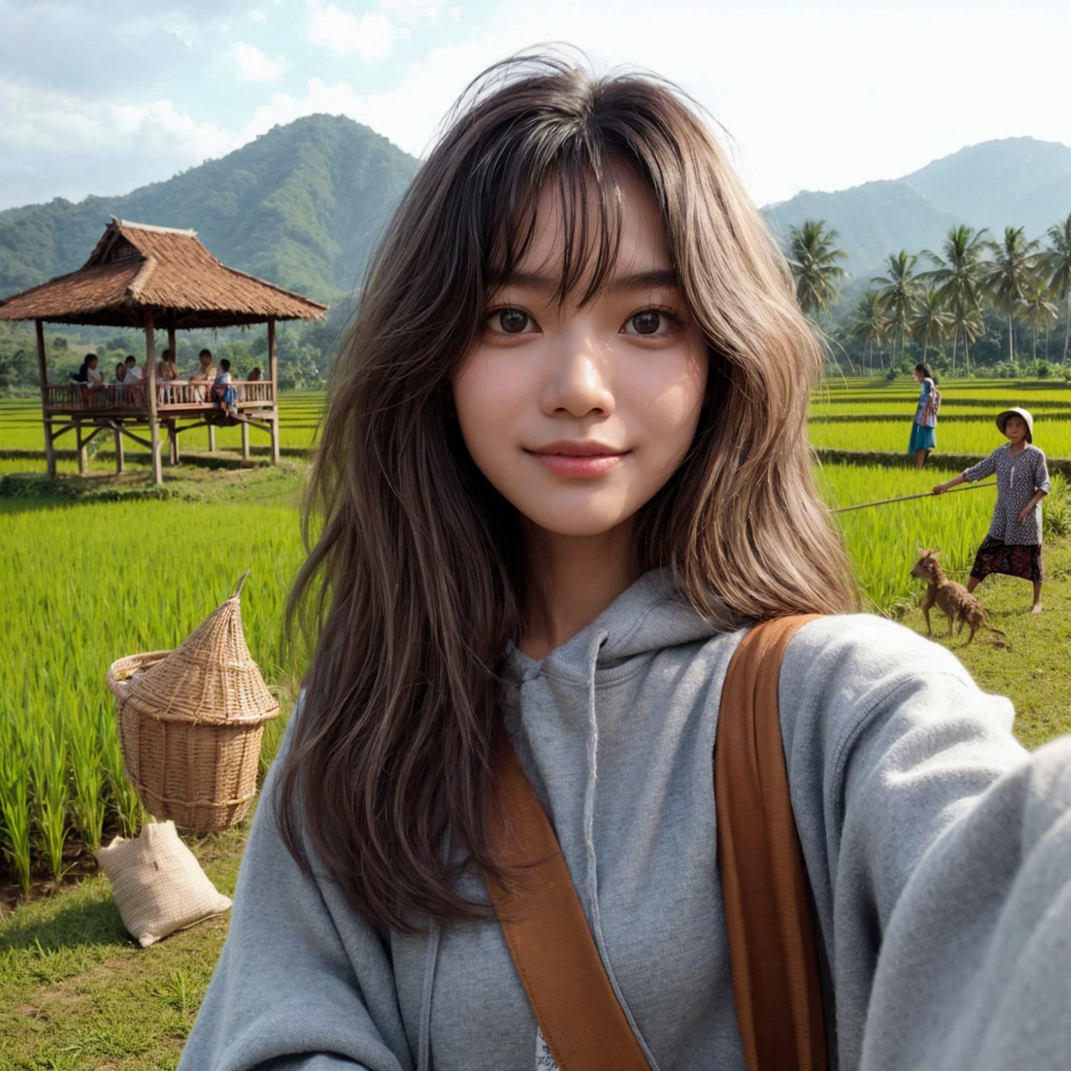 realistic selfie photo. a young Indonesian girl aged 16 years, medium messy hair style, wear a long-sleeved t-shirt, carry a shoulder bag. In the background of rural rice fields, people can be seen plowing the fields, there is a gazebo where you can rest, scarecrows and one beautiful mountain, bright sky, Indonesian morning atmosphere. UHD. masterpiece