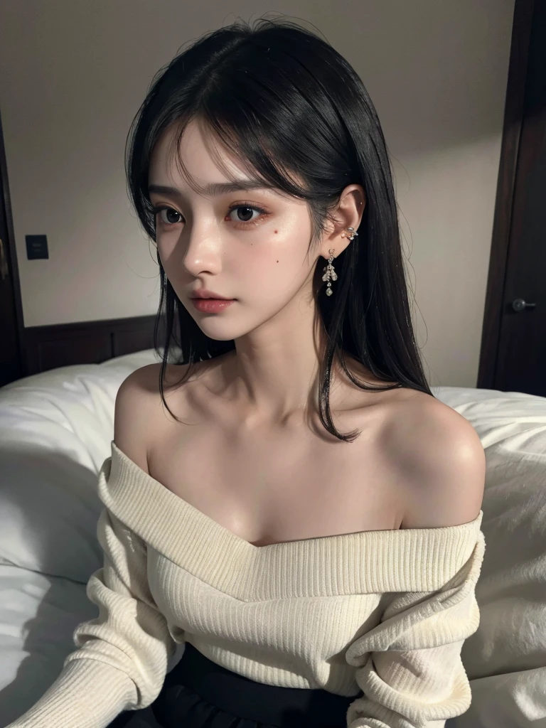 absurdres, RAW photo, extremely delicate and beautiful, masterpiece, Best Quality, ultra high resolution, 32k, hyperrealistic, ultra-detailed, delicate facial features, beautiful detailed woman, tearful mole, earring, medium breasts, full body shot, medium hair, black hair, blouse, short skirt, off shoulder, 