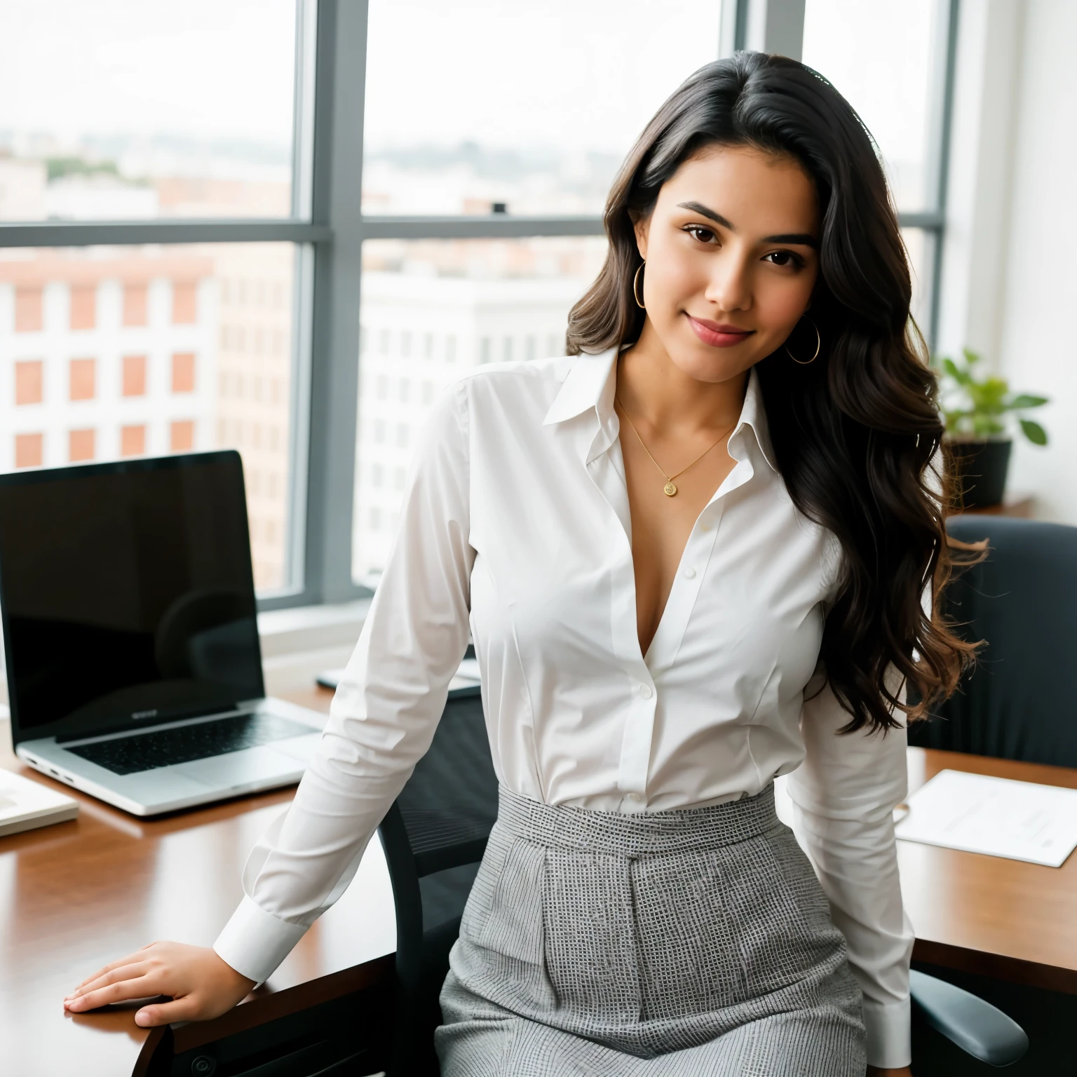 ((best quality)), ((masterpiece)), (detailed), full body portrait ofa young latin woman with wavy dark hair, flawed skin and a slender body type, in a chic business suit, working at a modern office desk, looking in the camera ,shot with Sony Alpha A6500 1.4f, bokeh, highly detailed, masterpiece, perfect hands, perfect face, five fingers, 
