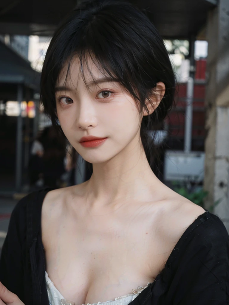 (Skin details:1.4), (smooth skin textures:1.3), (Upper body:1.4),(Upper Body:1.3)Lipstick, background, earrings, serene, calm, (Realistic and detailed eyes:1.2), Natural skin texture, Realistic facial details, Soft dramatic lighting, Vivid details, 35 mm film, outdoor, (Photo Practical:1.4), (hyper Practical:1.4), (Practical:1.3), (Smoother lighting:1.05), (Improve lighting quality:0.9), (Highest quality real skin textures:1.4), Exquisite eyes, Delicate face, Close-up of face, (Enhance the beauty of skin texture:1.1), Hair details,(Large Breasts:1.3)normal body ratio, short hair, Moles under the eyes, A faint smile,Portrait Photography, Depth of Field, Bokeh, Surrealism, Ray Tracing, (Portrait Photography:1.1), Surrealism, High Detail, Chiaroscuro, Ray Tracing, reflected light, Ultra HD, Ultra HD, masterpiece, Textured Skin, Super Detail, High Detail, high quality, best quality