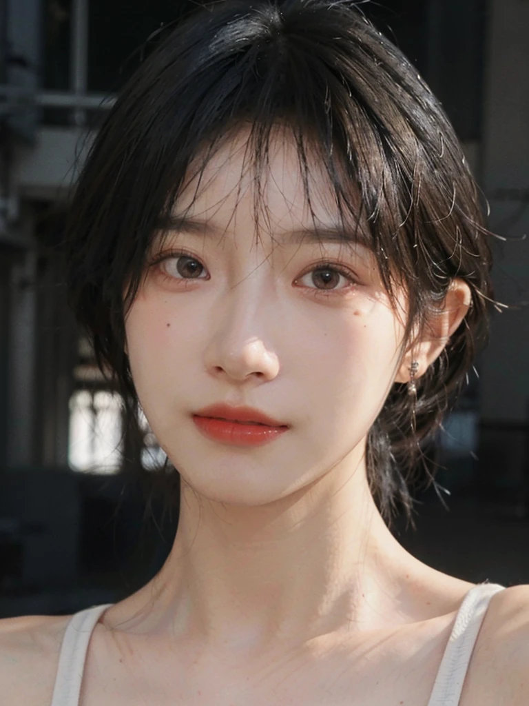 (Skin details:1.4), (smooth skin textures:1.3), (Upper body:1.4),(Upper Body:1.3)Lipstick, background, earrings, serene, calm, (Realistic and detailed eyes:1.2), Natural skin texture, Realistic facial details, Soft dramatic lighting, Vivid details, 35 mm film, outdoor, (Photo Practical:1.4), (hyper Practical:1.4), (Practical:1.3), (Smoother lighting:1.05), (Improve lighting quality:0.9), (Highest quality real skin textures:1.4), Exquisite eyes, Delicate face, Close-up of face, (Enhance the beauty of skin texture:1.1), Hair details,(Large Breasts:1.3)normal body ratio, short hair, Moles under the eyes, A faint smile,Portrait Photography, Depth of Field, Bokeh, Surrealism, Ray Tracing, (Portrait Photography:1.1), Surrealism, High Detail, Chiaroscuro, Ray Tracing, reflected light, Ultra HD, Ultra HD, masterpiece, Textured Skin, Super Detail, High Detail, high quality, best quality