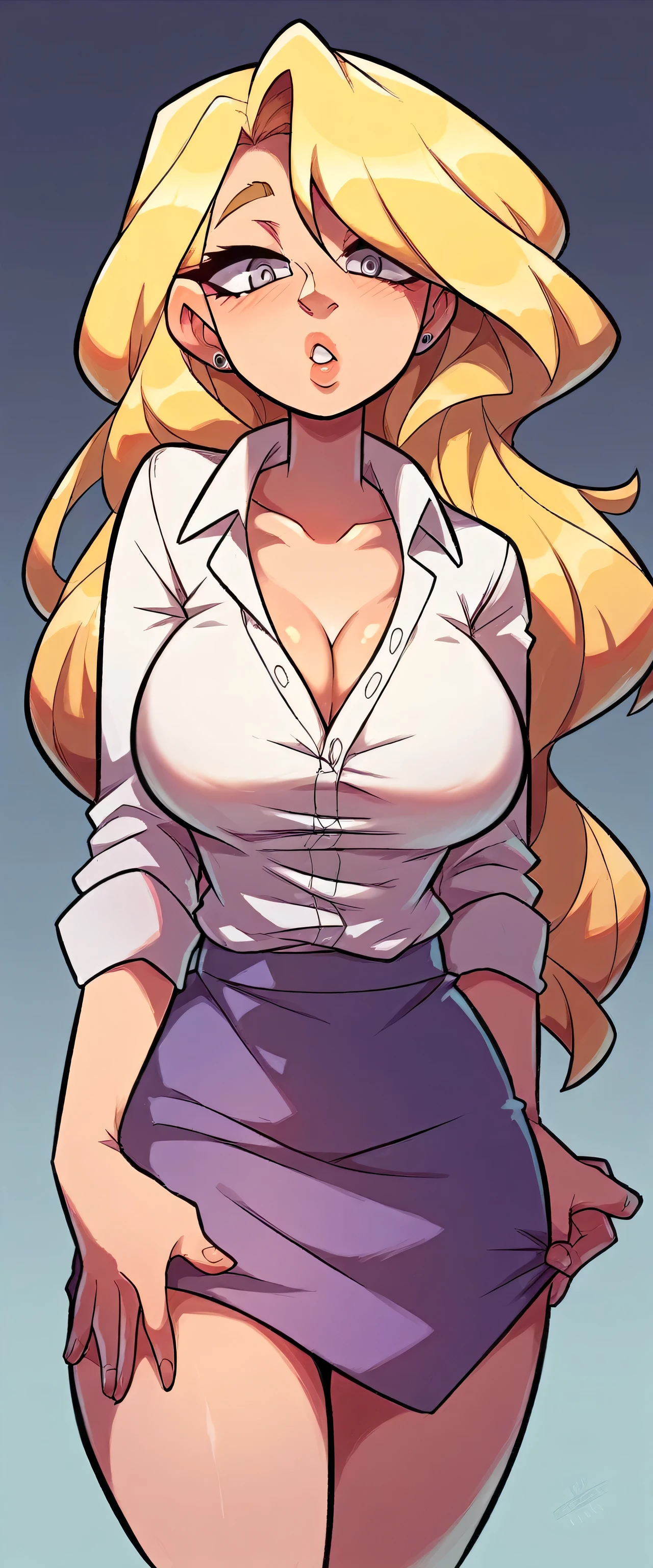 A y sensual woman beautiful beautiful attraction big breng blonde yellow hair her gray eye wears a white button-doffice shirt and a short purple skirt