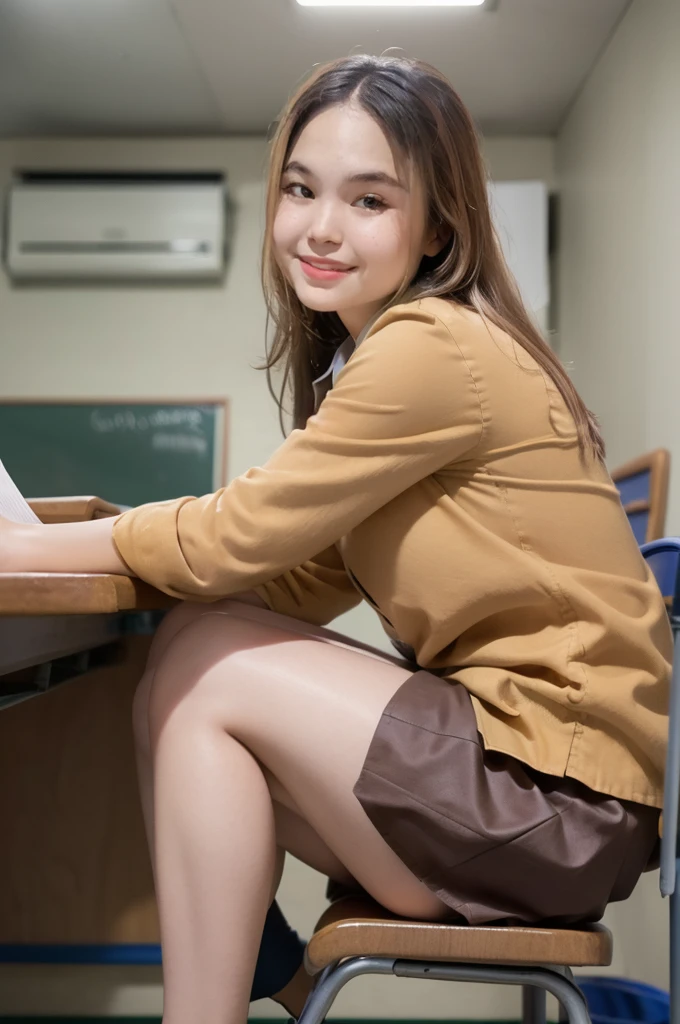 best quality, face focus, soft light, (depth of field) ,ultra high res, (photorealistic:1.4), RAW photo,
(upper knees:1.4) ,(from side)
1 girl, solo, cute, (shy, smile:1.1), (brown eyes),  detailed beautiful face, (long hair ), 
High School Classroom, (sit chair),
(school uniform:1.4,dark brown skirt,light brown shirt)