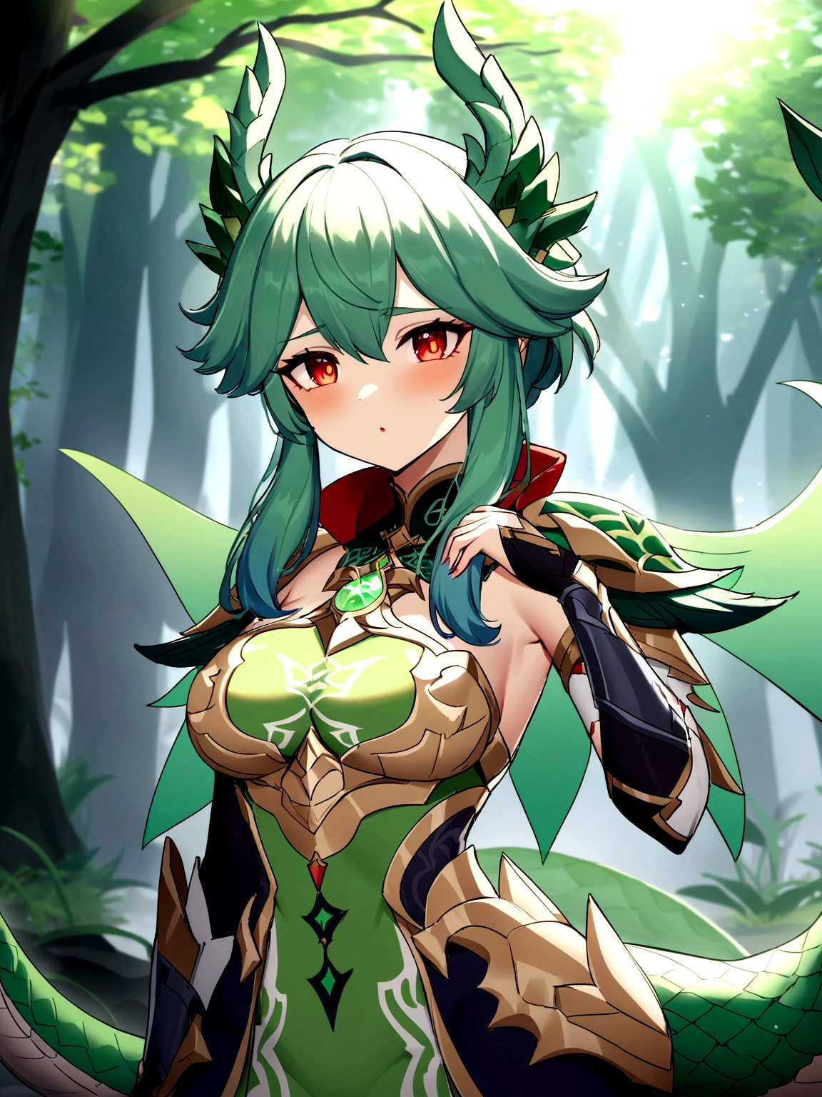 Anime girl with green hair and green wings in a forest., dragon girl, Ayaka Genshin Impact, queen of dragons, ayaka game genshin impact, dragon queen, shadowverse style, anime monster girl, with scaly armor, the dragon girl portrait, green Dragon, naughty anime girl, massive green Dragon!!!, Lamia