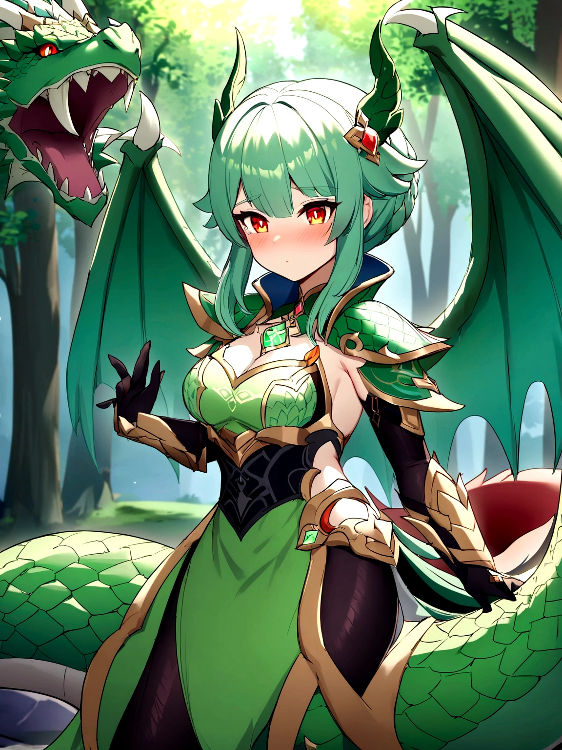 Anime girl with green hair and green wings in a forest., dragon girl, Ayaka Genshin Impact, queen of dragons, ayaka game genshin impact, dragon queen, shadowverse style, anime monster girl, with scaly armor, the dragon girl portrait, green Dragon, naughty anime girl, massive green Dragon!!!, Lamia