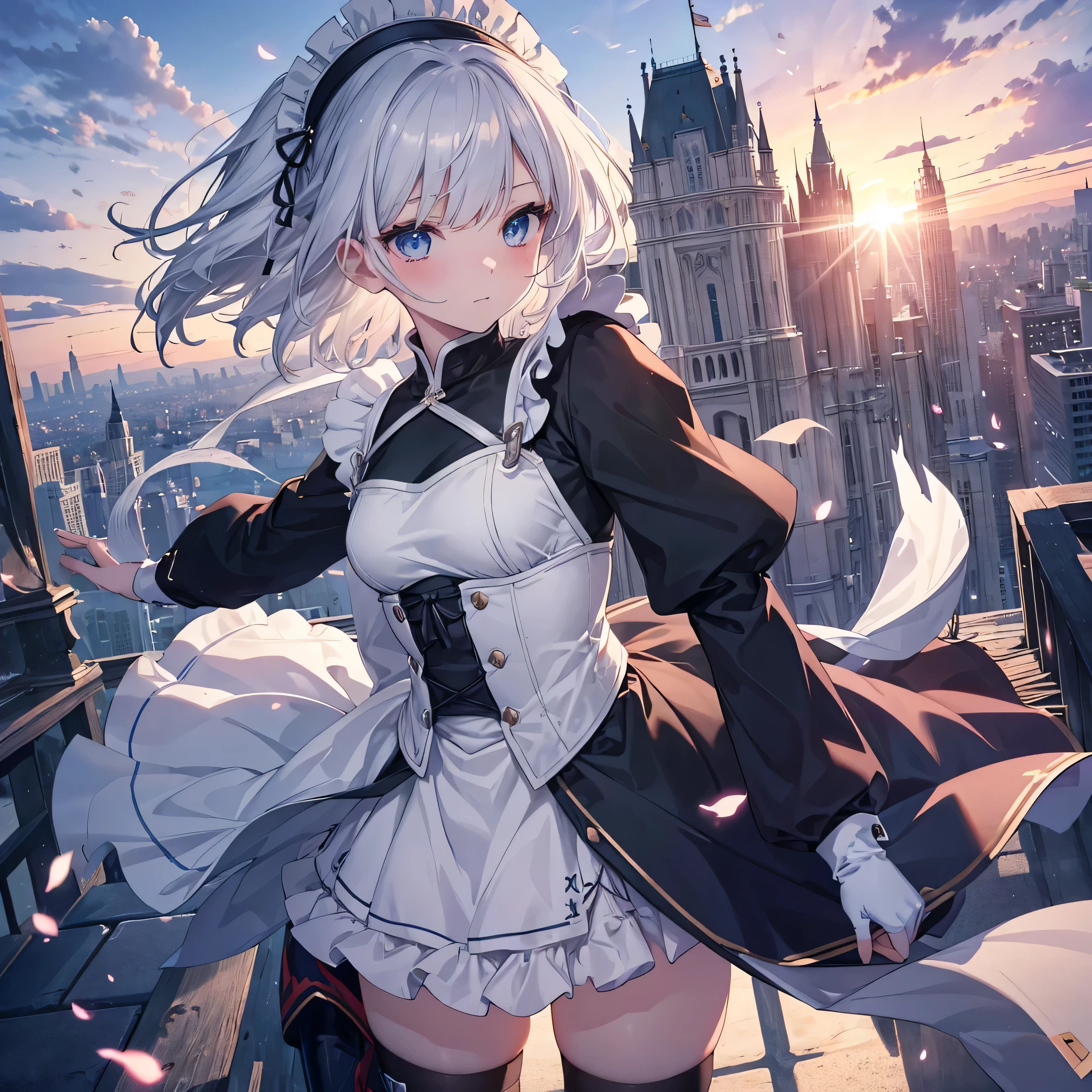 Illustration of one person, Dengeki Bunko, Woman Looking Back, Perfect Human Medicine, Woman keeps falling, {{{{{Maid clothes}}}}},,アニメ, two legs, Cool,{{{{{50 year old woman}}}}} ,{{{{{a person is depicted}}}}},(Official Art、{{{{{Upper Bodyアングル}}}}},Highest quality、Unity 8k wallpaper、32k、masterpiece、Ultra-detailed、Ultra-high resolution, Realistic、Grab your hair with your hands, Photorealistic:1.2)、(Cinema Lighting:1.2)、,Fire Glow Effect、The most grainy shadows on the film、Rim Light、Side light、Side Shot、(Ultra-detailed and intricate 3D rendering)、Very short hair, Short wolf hair,Beautiful face and eyes in every detail、Sharp pupils、Realistic students、slender、Highly detailed background、Beautiful Face、Beautiful 16 year old girl、(Ultra-detailedなスキン、Detailed skin texture:1.Silver Hair:1.3)、Blunt bangs、blue eyes、{{{{{黒いMaid clothes}}}}}、White apron costume、Black knee socks、(Thighs Thighs Thighs Thighs:0.8)、Black Bhutanese sticks and a beautiful sunset、Medieval castle、Dancing on the Tower Roof、(avert your eyes、Overlooking the city:1.3)、Fantastic、Close your mouth and bite, Makes your face smaller, (Tabletop), Highest quality, Perfect Face, 1 Girl, alone, Eye color is light blue, Hair between the eyes, Very Short Hair, blue eyes, Silver Hair, Knee-high boots, corset,Black gloves, Long sleeve, Upper Body,