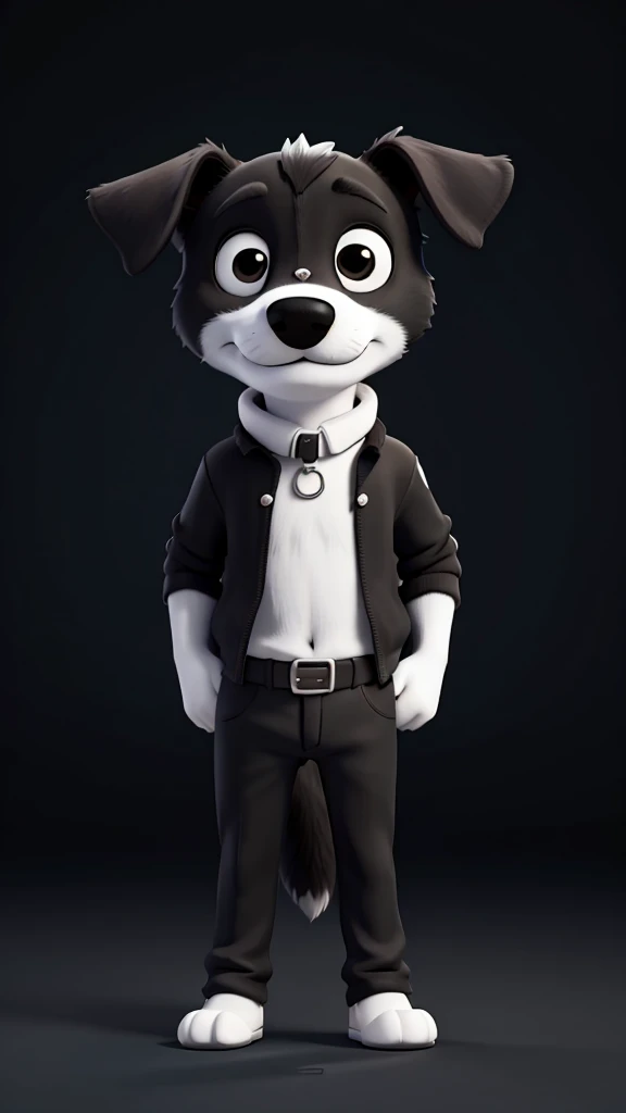 dog Black and White Holding a television under his right arm body white Belly, nose and eyes are black