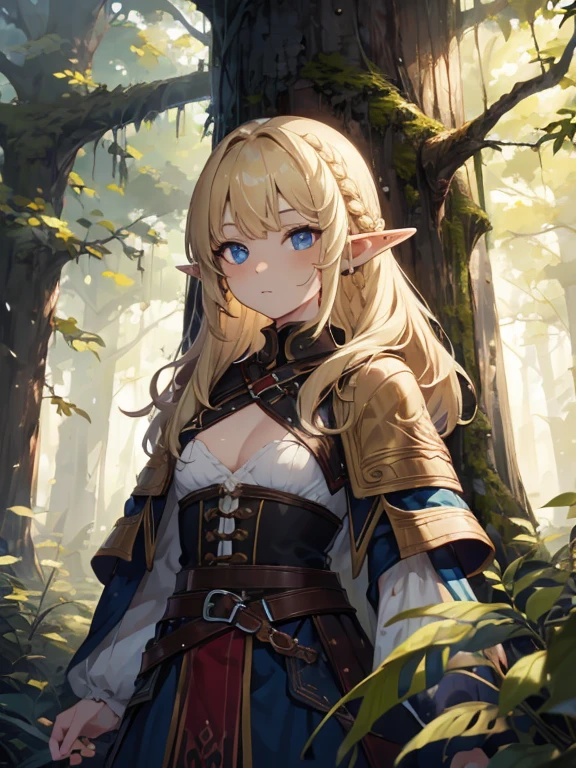 masterpiece, Highest quality, Very detailed, 16K, Ultra-high resolution、Cowboy Shot, 1 Elf girl, Detailed face、Perfect Fingers, Elf Ears, Small breasts, blue eyes, blonde, Braiding, No sleeve, Light clothing, in the forest, Perch on a stump