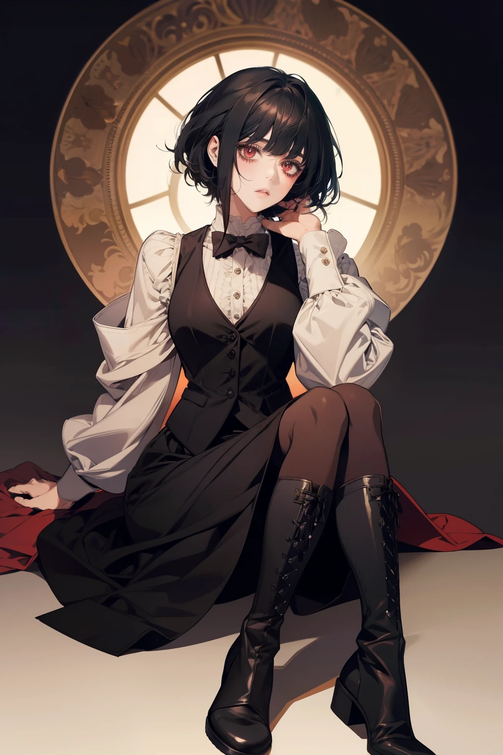 anime female character, short black hair, bangs, red eyes, vest, boots, full body shot, pose, elegant, bangs, ouji fashion, "Black Butler" inspired outfit., anime, Gothic art, anime, Gothic art, masterpiece, anatomically correct, accurate, high details, highres, 4K, 8K, highres, 1080P, super detail, masterpiece, anatomically correct