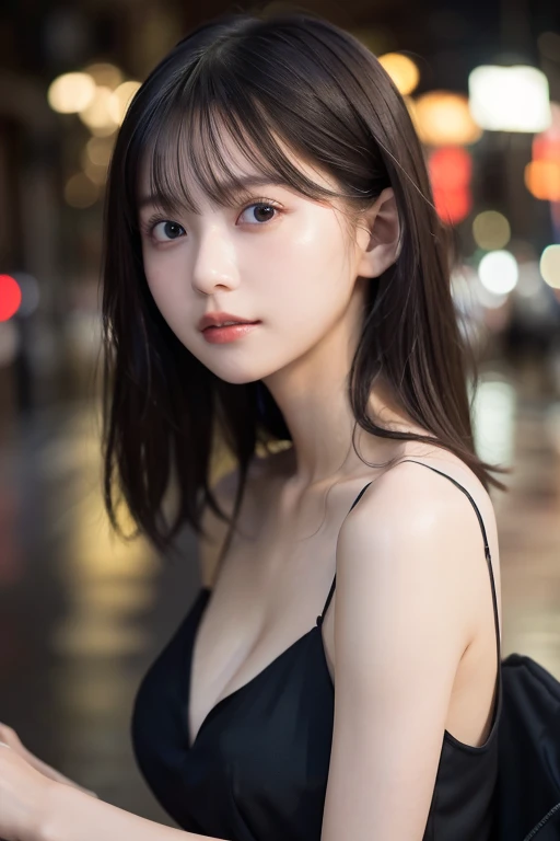 Random Pause, Mix 4, (8K, RAW Photos, Highest quality, masterpiece: 1.45), (Realistic, photoRealistic: 1.37), one girl, 14 years old, cute, Cityscape, night, rain, Wet, Professional Lighting, Photon Mapping, Radio City, Physically Based Rendering, Gradient black hair, Gray Hair, Short Curly Hair, good looking, girl, Deep V-neck slip dress, Pale skin, Highest qualityの写真, High resolution, 1080P, (Clear Face), (Detailed face description), (Detailed hand description), (masterpiece), (Exquisite CGI), Extreme light and shadow, Disheveled Hair, masterpiece, Rich details, (Beautiful Face), (Highest qualityの写真), (masterpiece), (Fine grain), Look in front of you, Thin clavicle, (Large Breasts:1.4),
