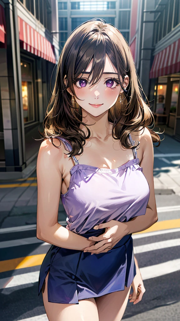 (masterpiece:1.3, top-quality, ultra high res, ultra detailed), (realistic, photorealistic:1.4), beautiful illustration, perfect lighting, natural lighting, colorful, depth of fields, surrealism,
beautiful detailed hair, beautiful detailed face, beautiful detailed eyes, beautiful clavicle, beautiful body, beautiful chest, beautiful thigh, beautiful legs, beautiful fingers,
looking at viewer, 1 girl, japanese, high school girl, (gravure idol), (perfect anatomy, anatomically correct), cute and symmetrical face, babyface, perfect face, perfect eyes, shiny skin, slender,
(long hair:1.7, wavy hair:0.8, light brown hair), hair between eyes, purple eyes, long eye lasher, (large breasts:0.8, seductive thighs),
(((light purple camisole), blue mini skirt)),
(beautiful scenery), summer, evening, (shopping mall), standing, (lovely smile, upper eyes),