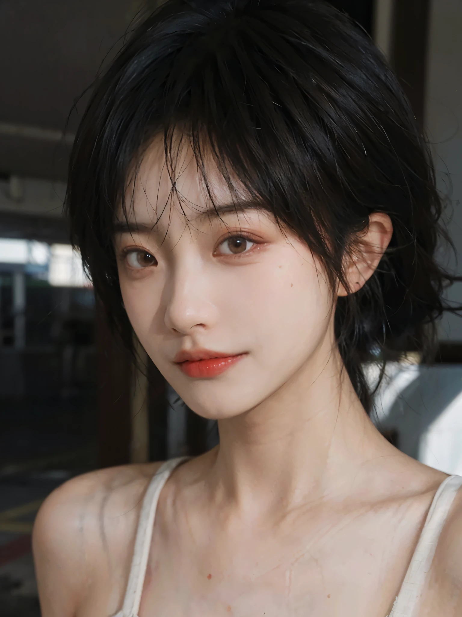 (Skin details:1.4), (smooth skin textures:1.3), （Upper body：1.4），（Upper Body：1.3）Lipstick, background, earrings, serene, calm, (Realistic and detailed eyes：1.2）, Natural skin texture, Realistic facial details, Soft dramatic lighting, Vivid details, 35 mm film, outdoor, (Photo Practical:1.4), (hyper Practical:1.4), (Practical:1.3), (Smoother lighting:1.05), (Improve lighting quality:0.9), (Highest quality real skin textures:1.4), Exquisite eyes, Delicate face, Close-up of face, (Enhance the beauty of skin texture:1.1), Hair details,（Large Breasts：1.3）normal body ratio, short hair, Moles under the eyes, A faint smile,Portrait Photography, Depth of Field, Bokeh, Surrealism, Ray Tracing, (Portrait Photography:1.1), Surrealism, High Detail, Chiaroscuro, Ray Tracing, reflected light, Ultra HD, Ultra HD, masterpiece, Textured Skin, Super Detail, High Detail, high quality, best quality