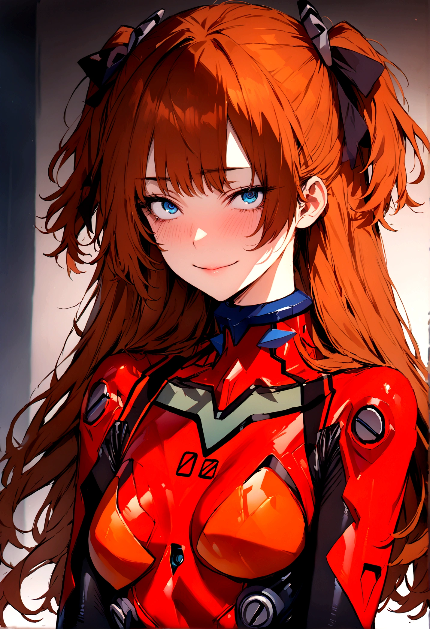 (masterpiece), best quality, expressive eyes, perfect face, 1girl, solo, blue eyes, dark orange Hair, Loose hair, hair ribbon, long hair, black ribbon, sidelocks, bangs two side up, smile, black and red plugsuit, slim figure, looking at viewer,